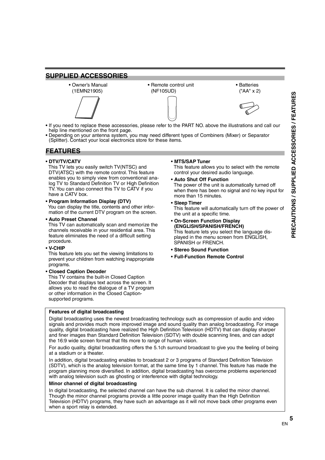 Sylvania 6727DG owner manual Supplied Accessories, Accessories / Features, Precautions / Supplied 