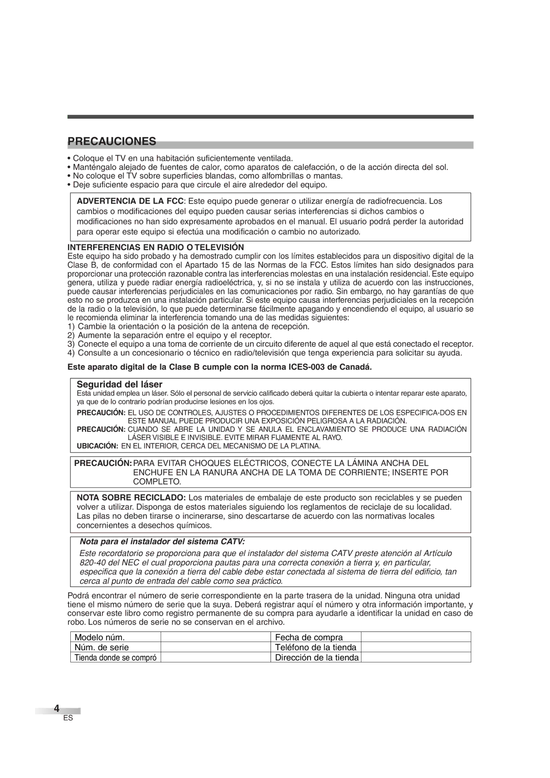 Sylvania 6727DG owner manual Precauciones, Interferencias EN Radio O Televisión, Dirección de la tienda 