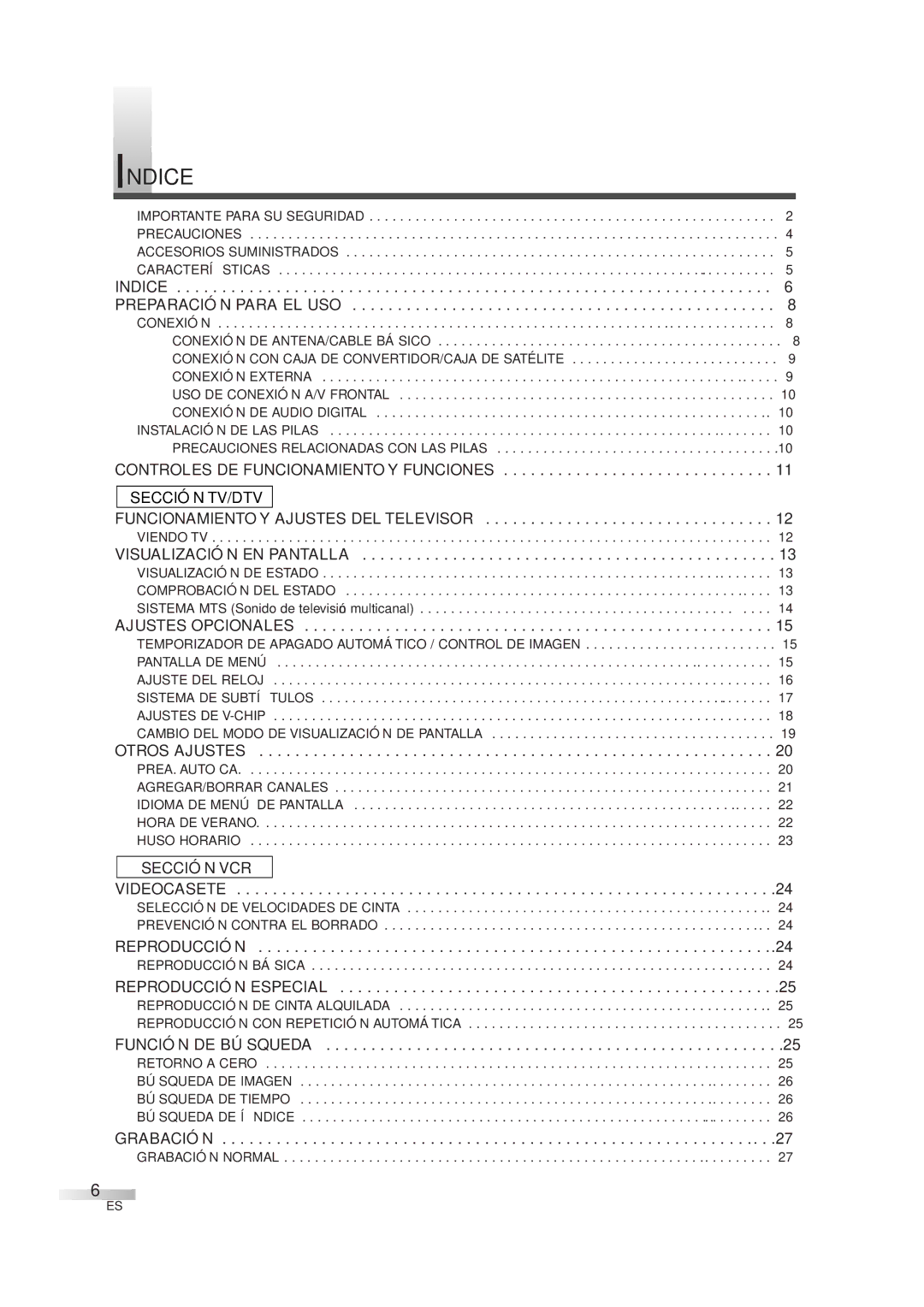 Sylvania 6727DG owner manual Indice, Sección TV/DTV Funcionamiento Y Ajustes DEL Televisor, Sección VCR 