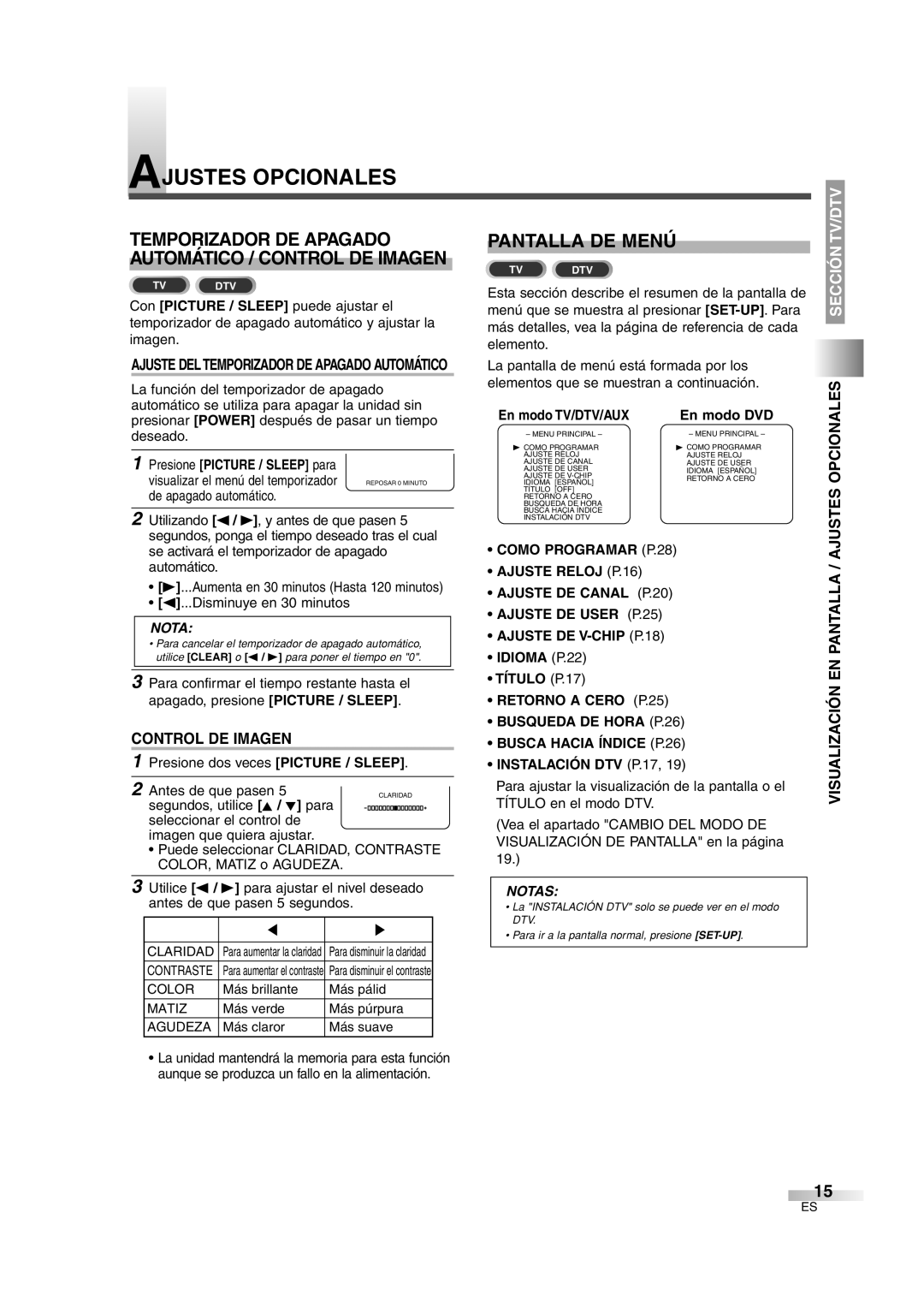 Sylvania 6727DG owner manual Pantalla DE Menú, Control DE Imagen, Visualización EN Pantalla / Ajustes Opcionales 