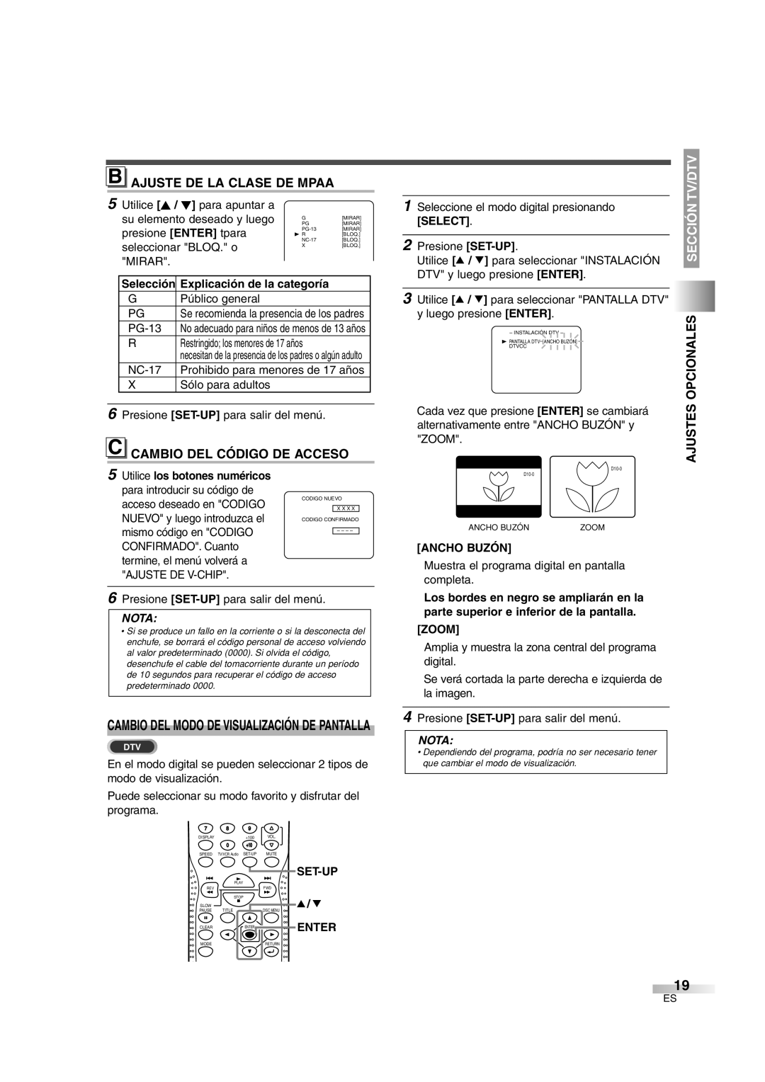 Sylvania 6727DG owner manual Ajuste DE LA Clase DE Mpaa, Cambio DEL Código DE Acceso, Opcionales, Ajustes 