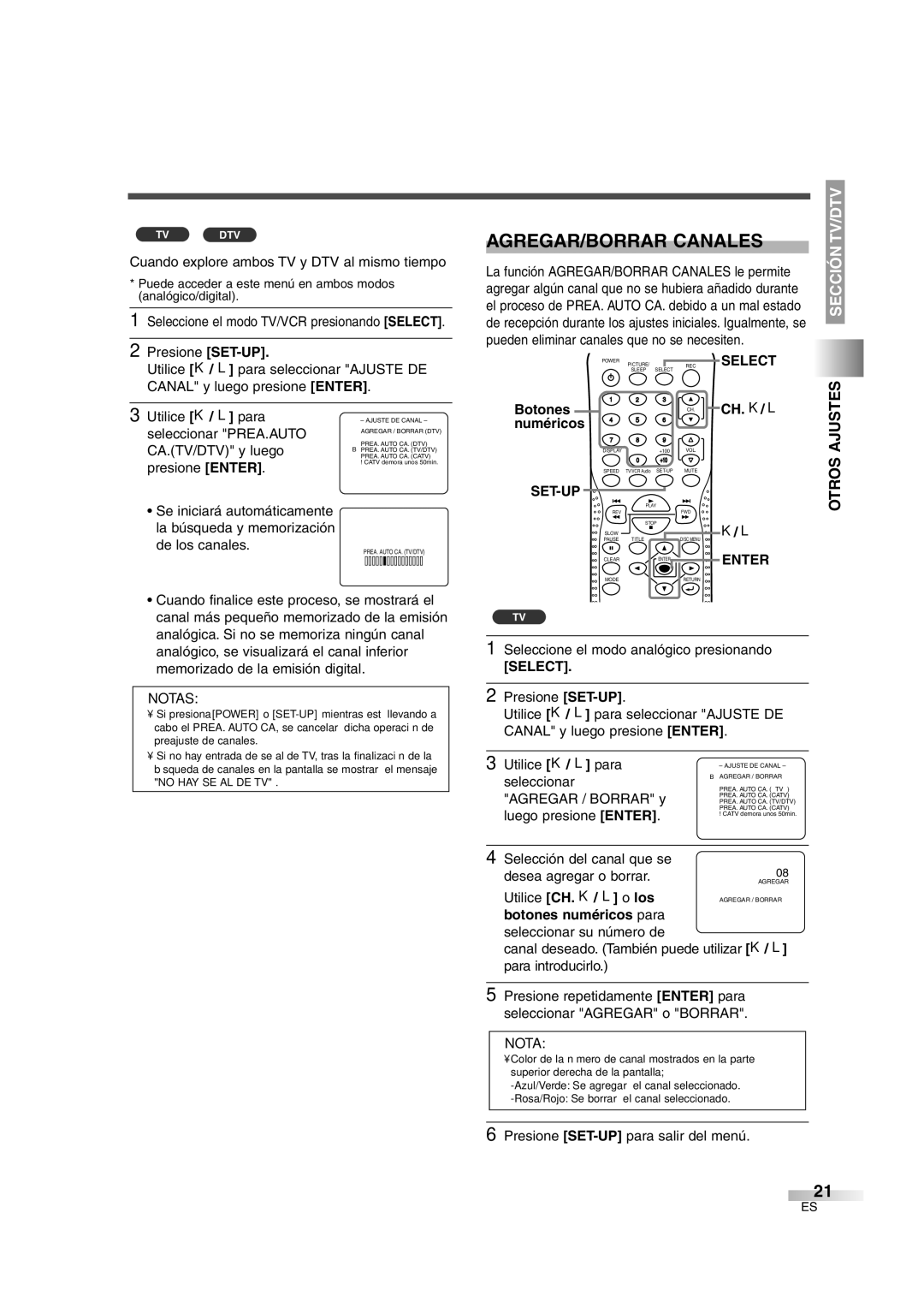 Sylvania 6727DG owner manual AGREGAR/BORRAR Canales, Otros 