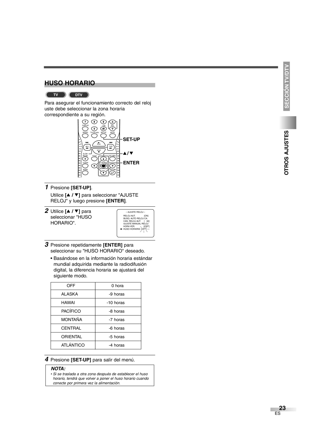 Sylvania 6727DG owner manual Huso Horario, Seleccionar Huso 