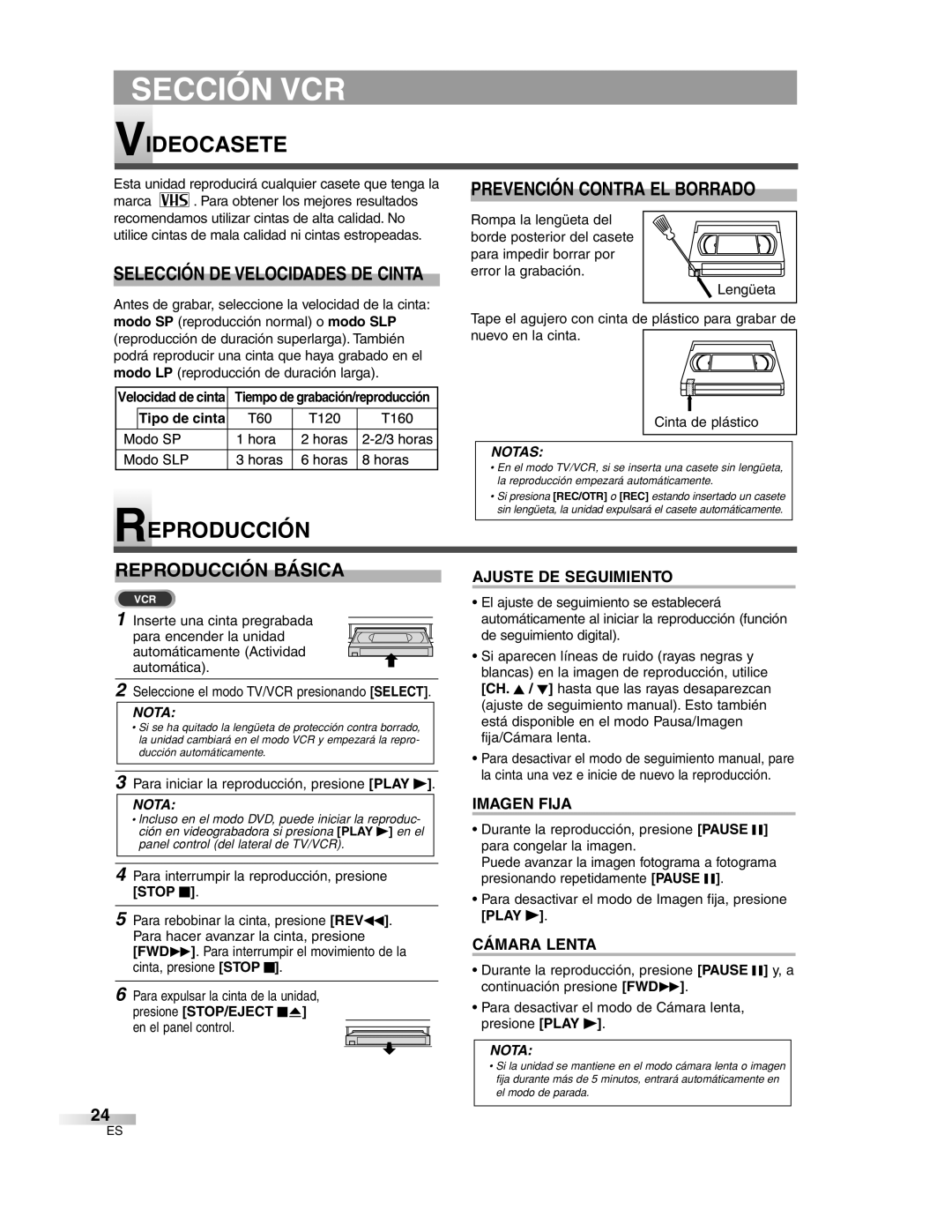 Sylvania 6727DG owner manual Videocasete, Reproducción Básica 