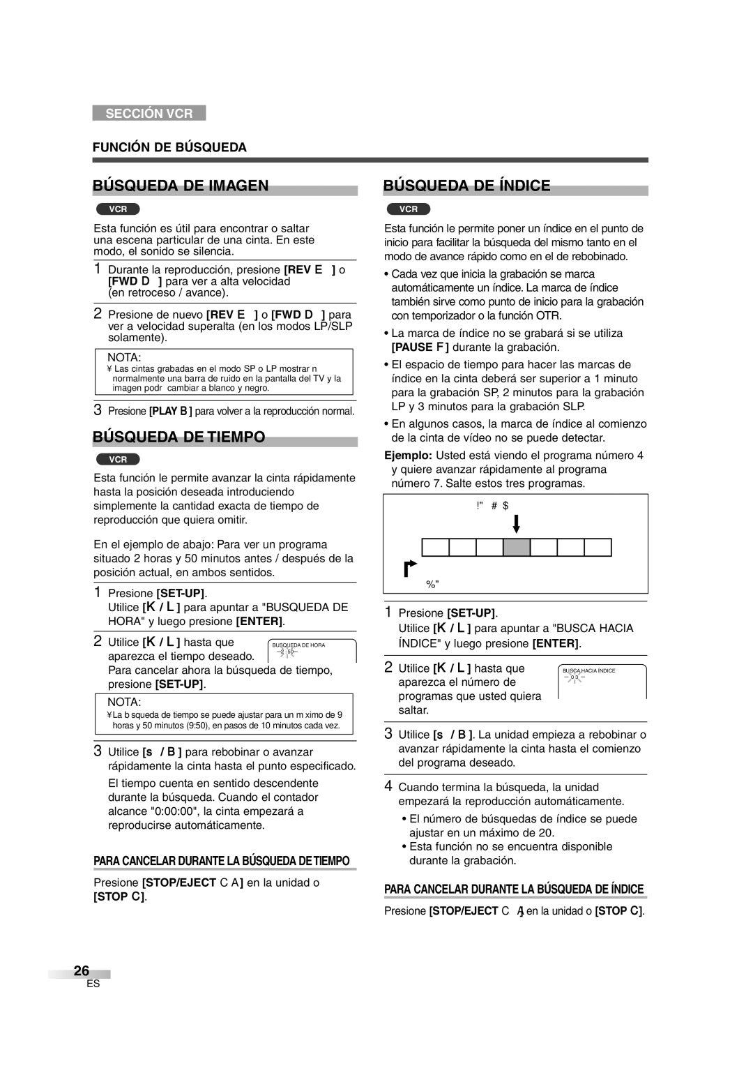 Sylvania 6727DG owner manual Búsqueda DE Imagen, Búsqueda DE Tiempo, Búsqueda DE Índice, Función DE Búsqueda 