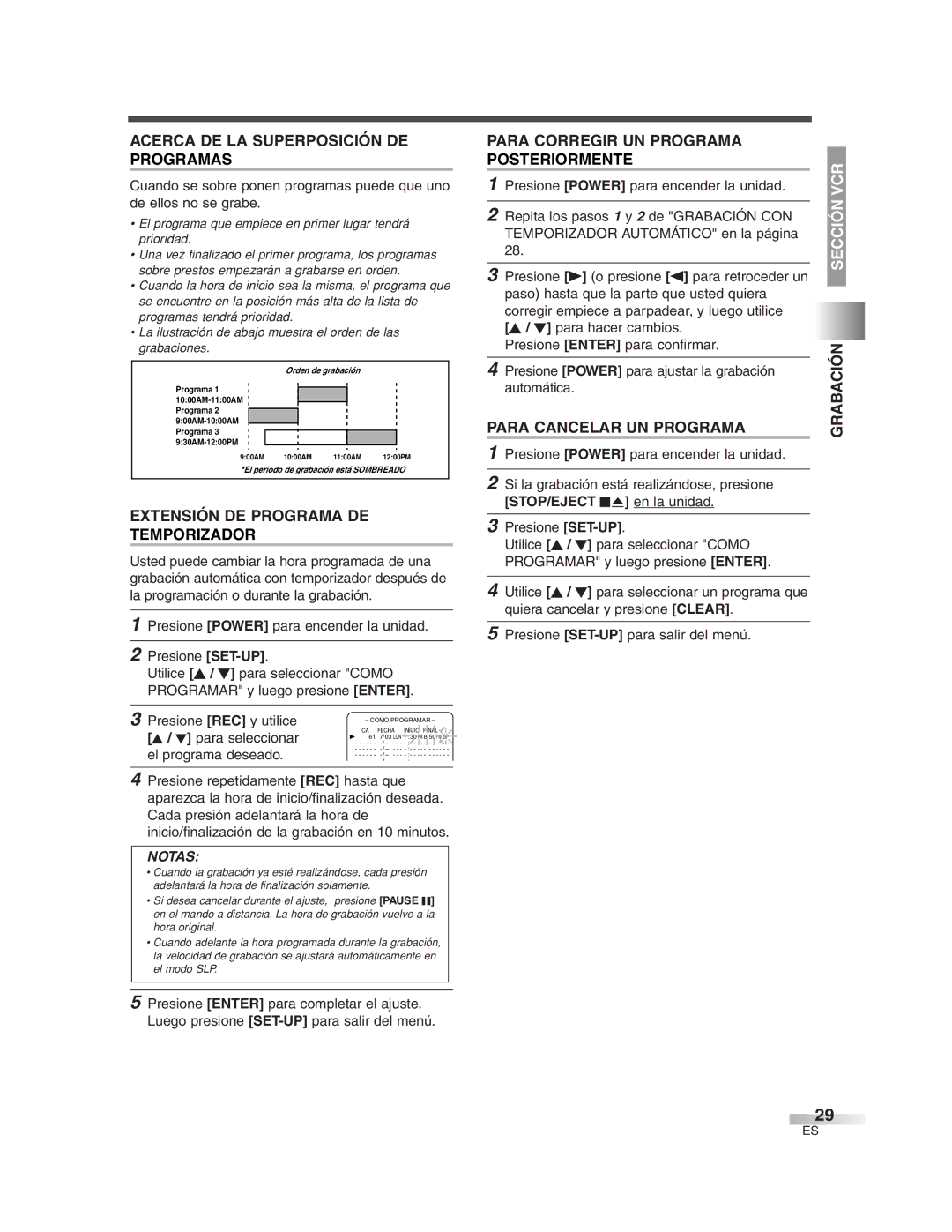 Sylvania 6727DG Acerca DE LA Superposición DE Programas, Extensión DE Programa DE Temporizador, Para Cancelar UN Programa 