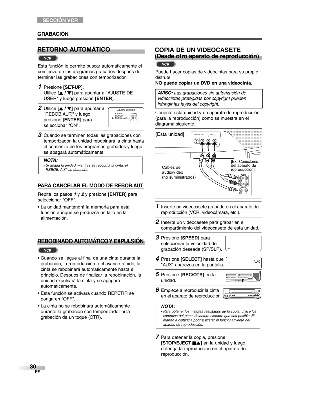 Sylvania 6727DG owner manual Retorno Automático, Para Cancelar EL Modo DE REBOB.AUT, REBOB.AUT. y luego 