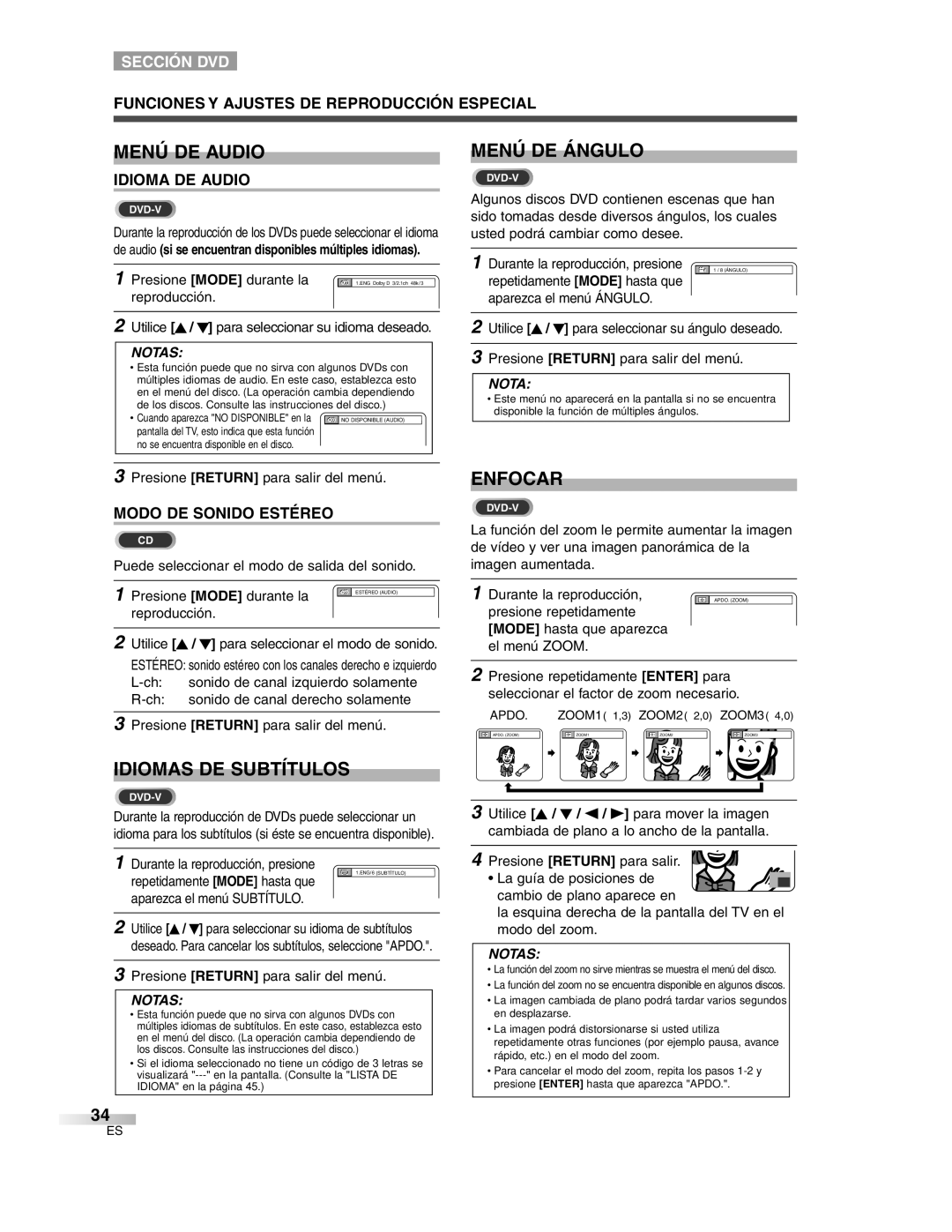 Sylvania 6727DG owner manual Menú DE Audio, Menú DE Ángulo, Idiomas DE Subtítulos, Enfocar 