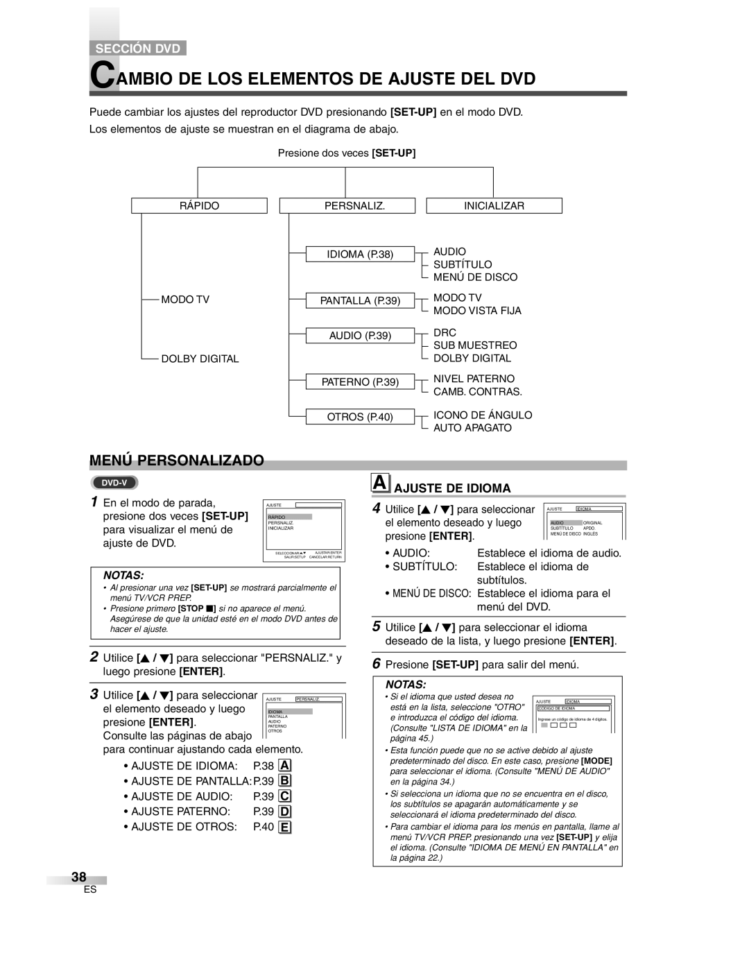 Sylvania 6727DG owner manual Cambio DE LOS Elementos DE Ajuste DEL DVD, Menú Personalizado, Ajuste DE Idioma 