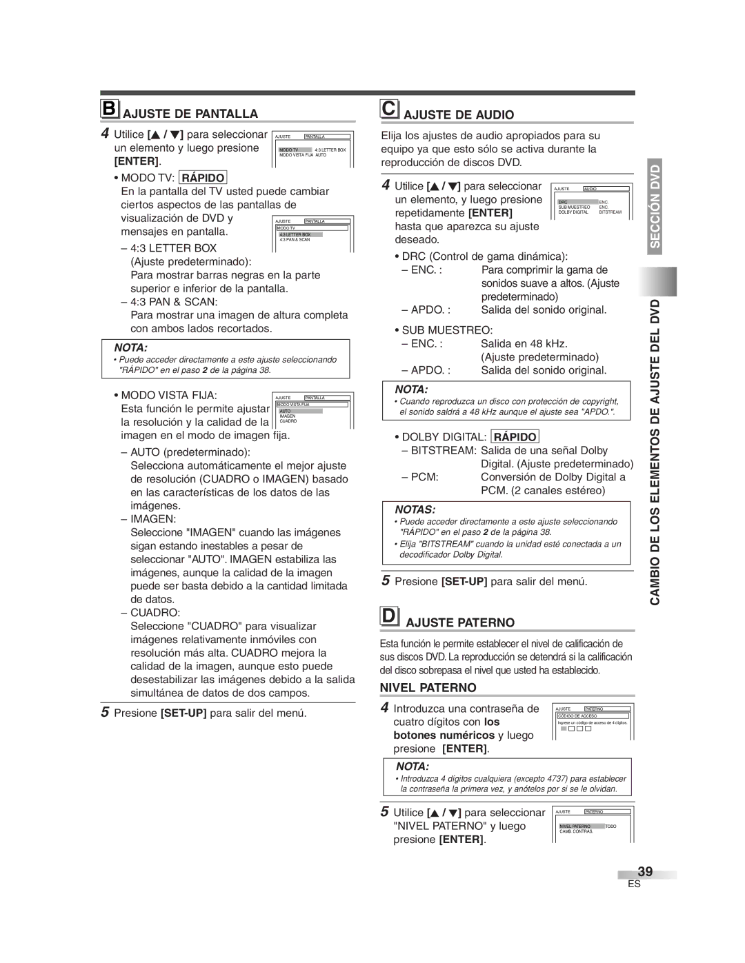 Sylvania 6727DG owner manual Ajuste DE Pantalla, Ajuste DE Audio, Dvd, Del, Ajuste Paterno, Nivel Paterno 