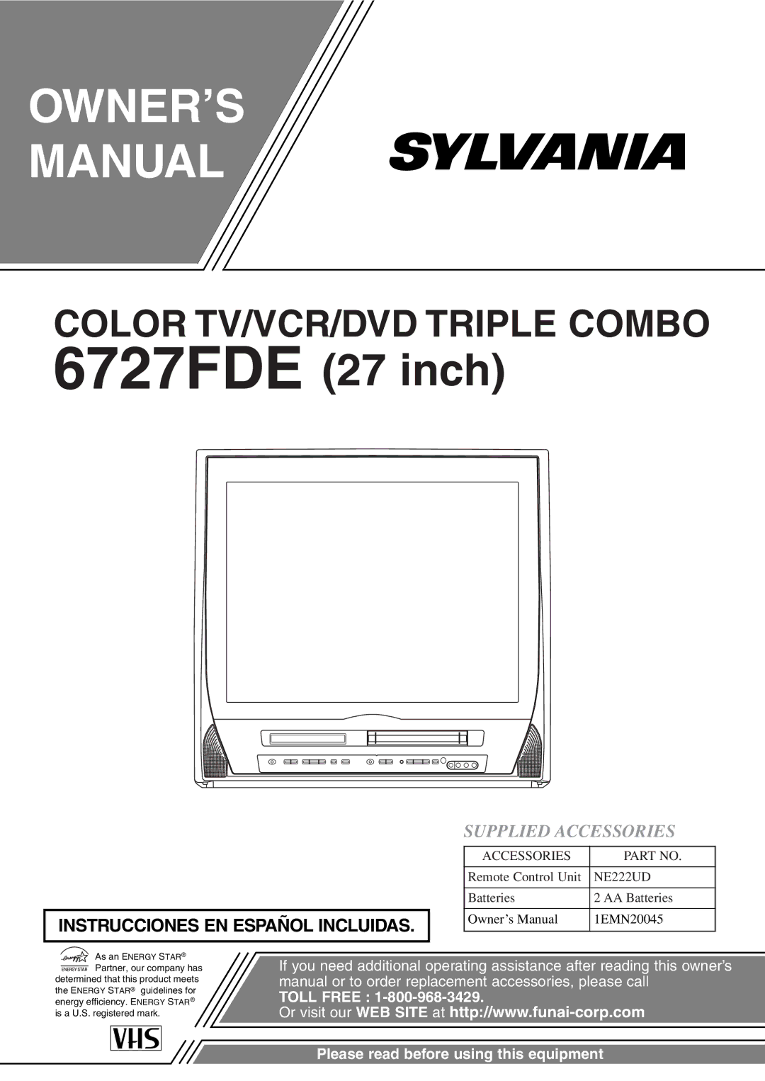 Sylvania 6727FDE owner manual OWNER’S Manual, Supplied Accessories 