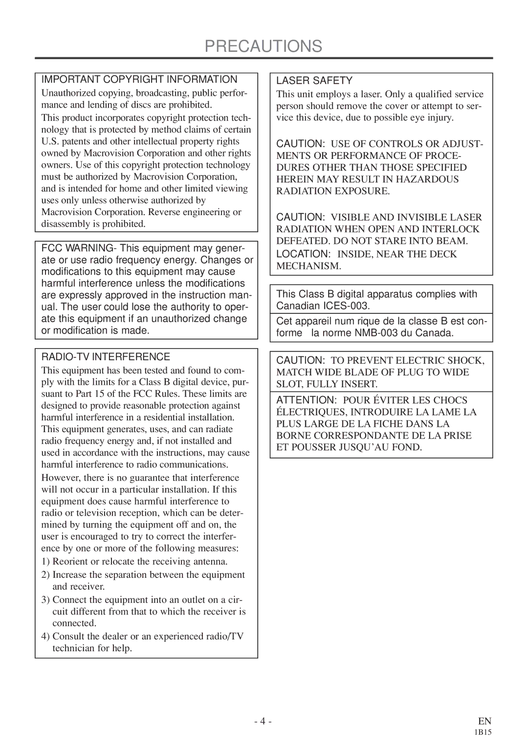 Sylvania 6727FDE owner manual Precautions, Important Copyright Information, RADIO-TV Interference, Laser Safety 