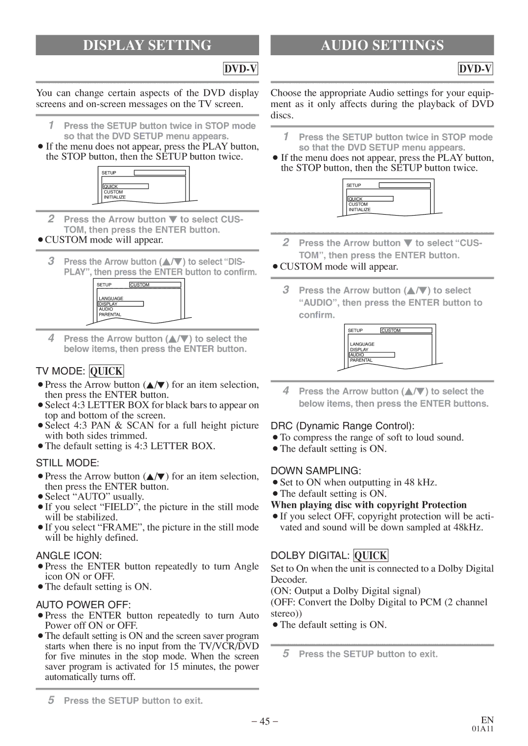 Sylvania 6727FDE owner manual Display Setting, Audio Settings, When playing disc with copyright Protection 