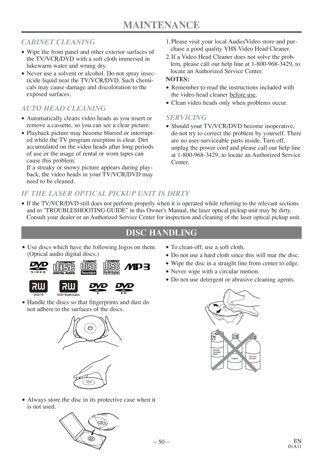 Sylvania 6727FDE owner manual Maintenance, Disc Handling 