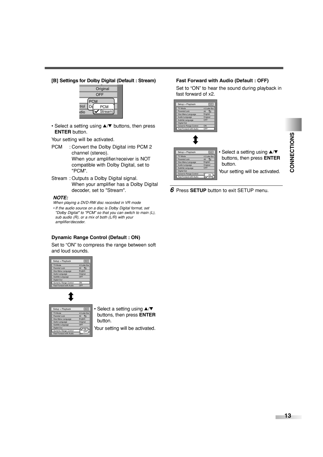 Sylvania 6727FRE owner manual Settings for Dolby Digital Default Stream, Dynamic Range Control Default on 