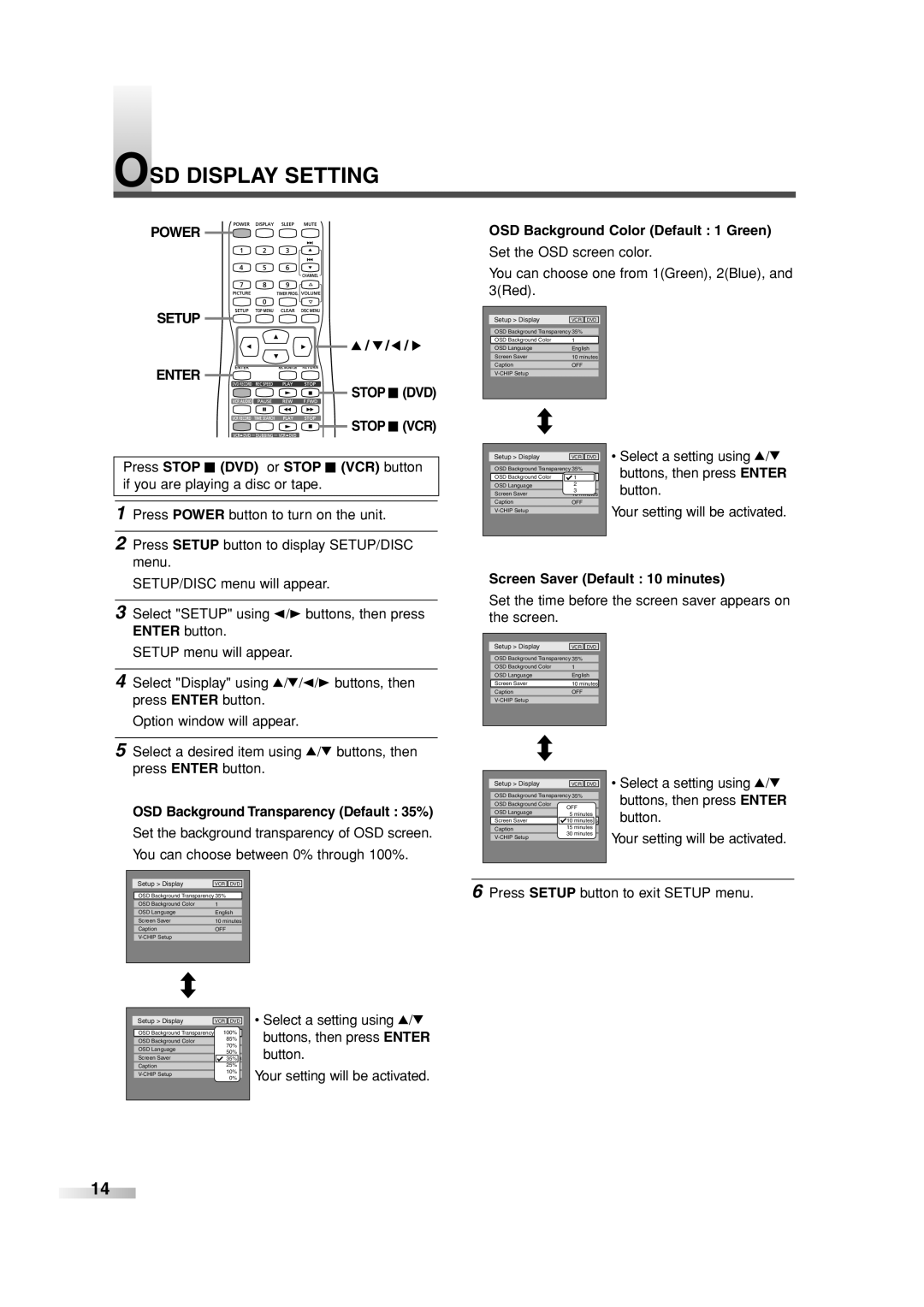 Sylvania 6727FRE owner manual OSD Display Setting, Stop C VCR 