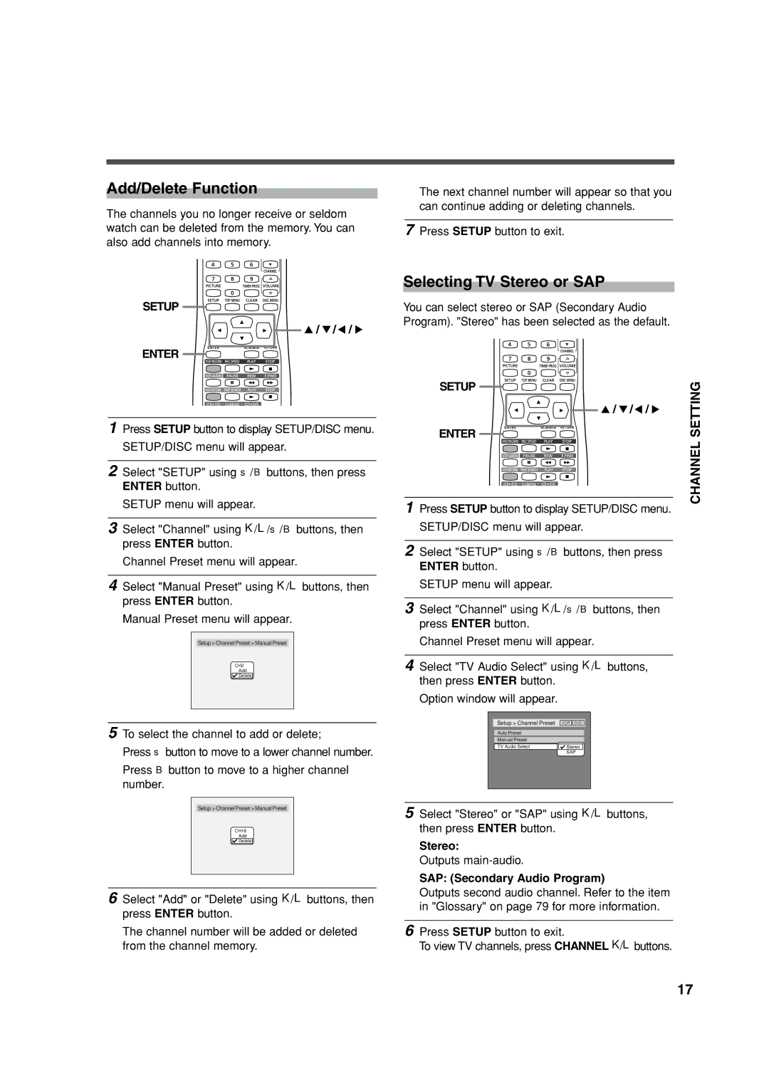 Sylvania 6727FRE owner manual Add/Delete Function, Selecting TV Stereo or SAP, Channel Setting, Setup Enter 