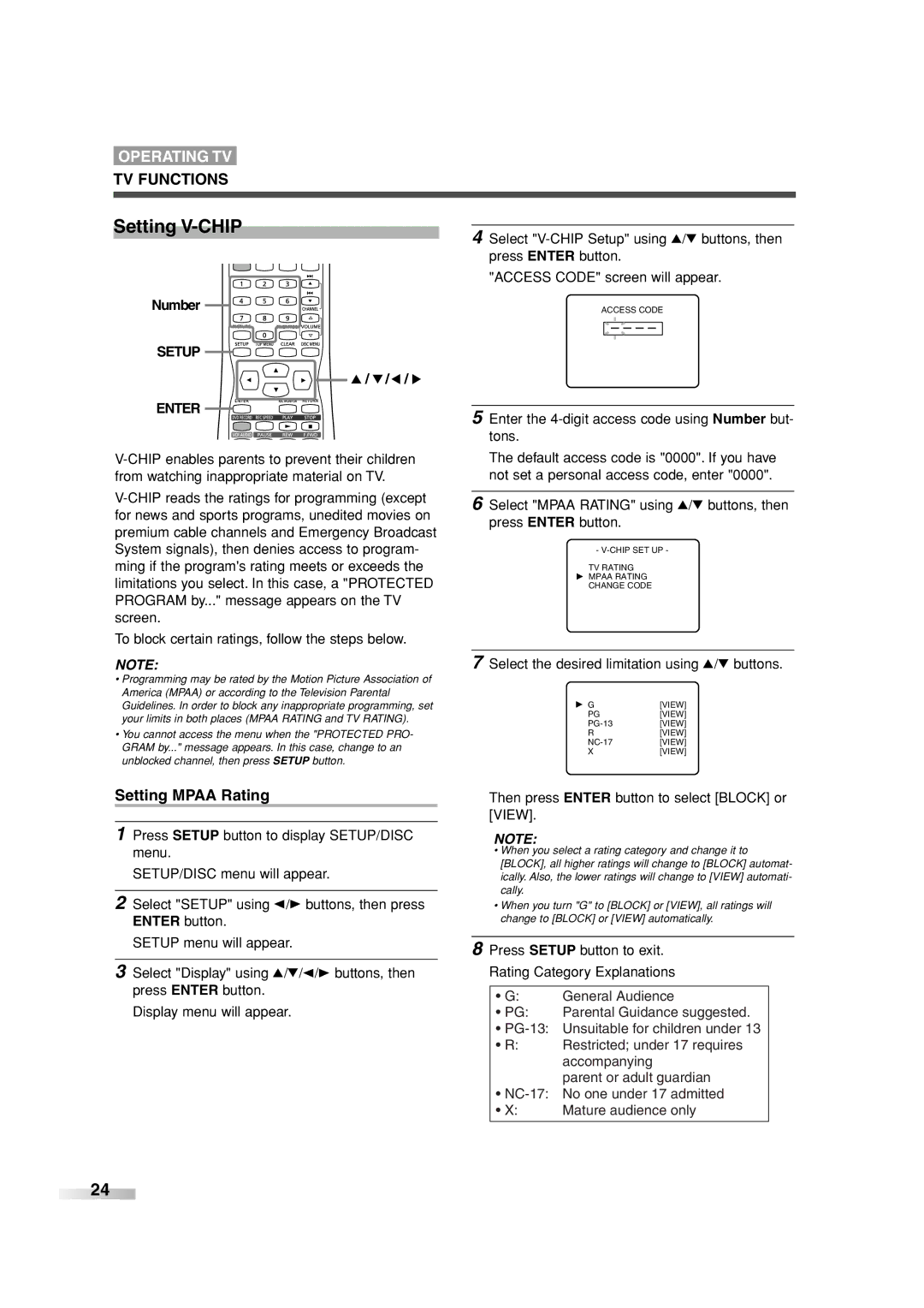 Sylvania 6727FRE Setting V-CHIP, TV Functions, Setting Mpaa Rating, Select the desired limitation using K/L buttons 