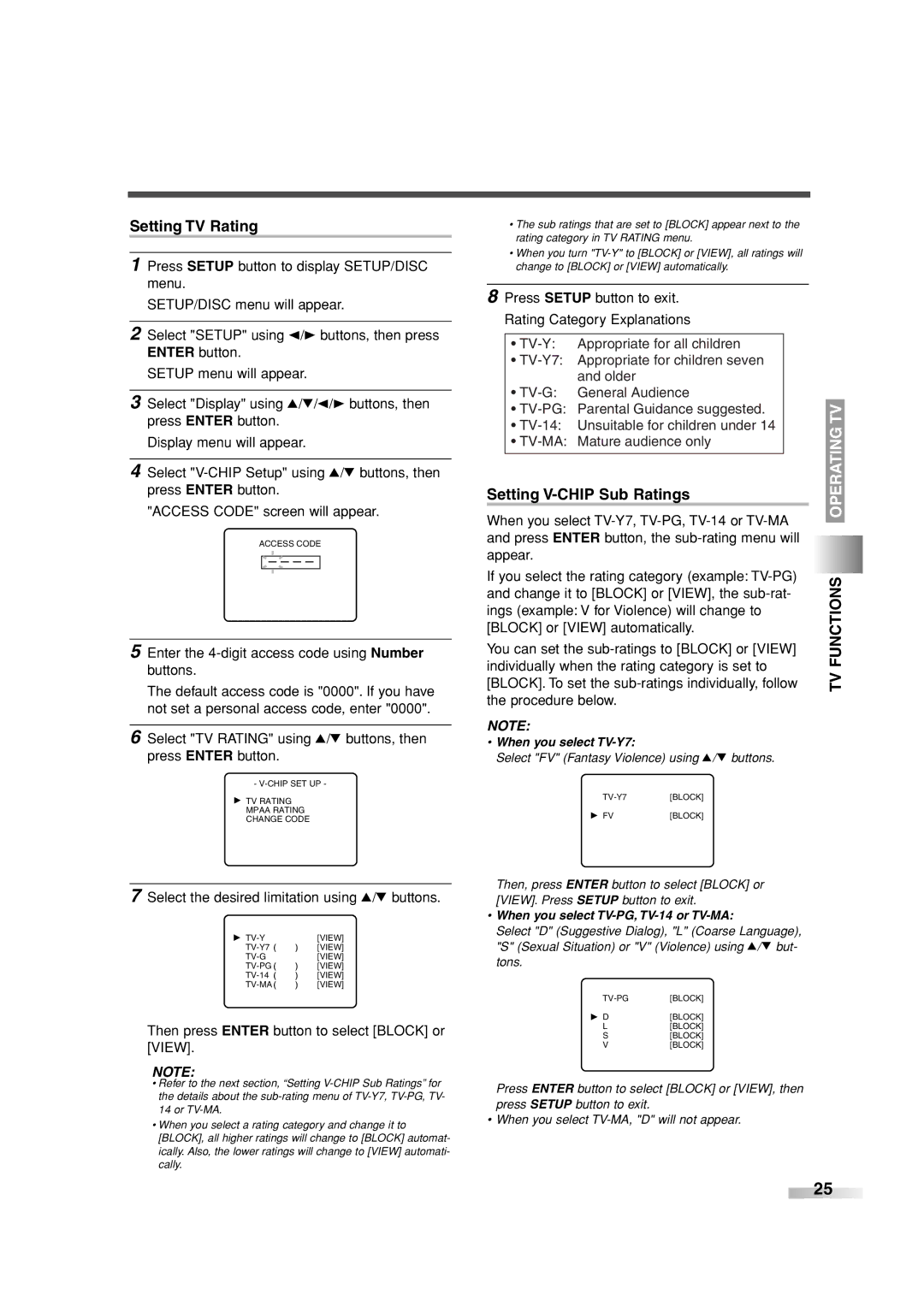 Sylvania 6727FRE owner manual Setting TV Rating, Setting V-CHIP Sub Ratings, TV Functions Operating TV 