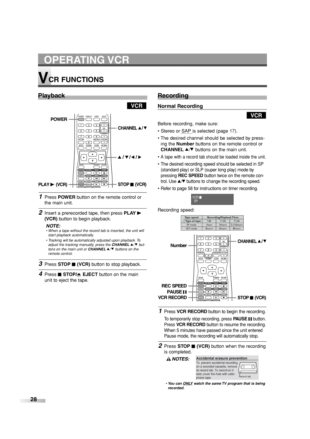 Sylvania 6727FRE owner manual VCR Functions, Playback, Normal Recording 