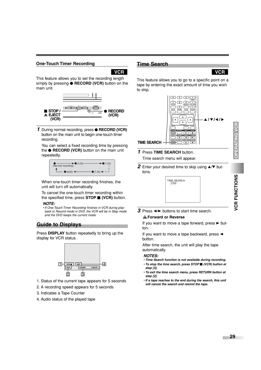 Sylvania 6727FRE owner manual Guide to Displays, Time Search, One-Touch Timer Recording, VCR Functions Operating VCR 