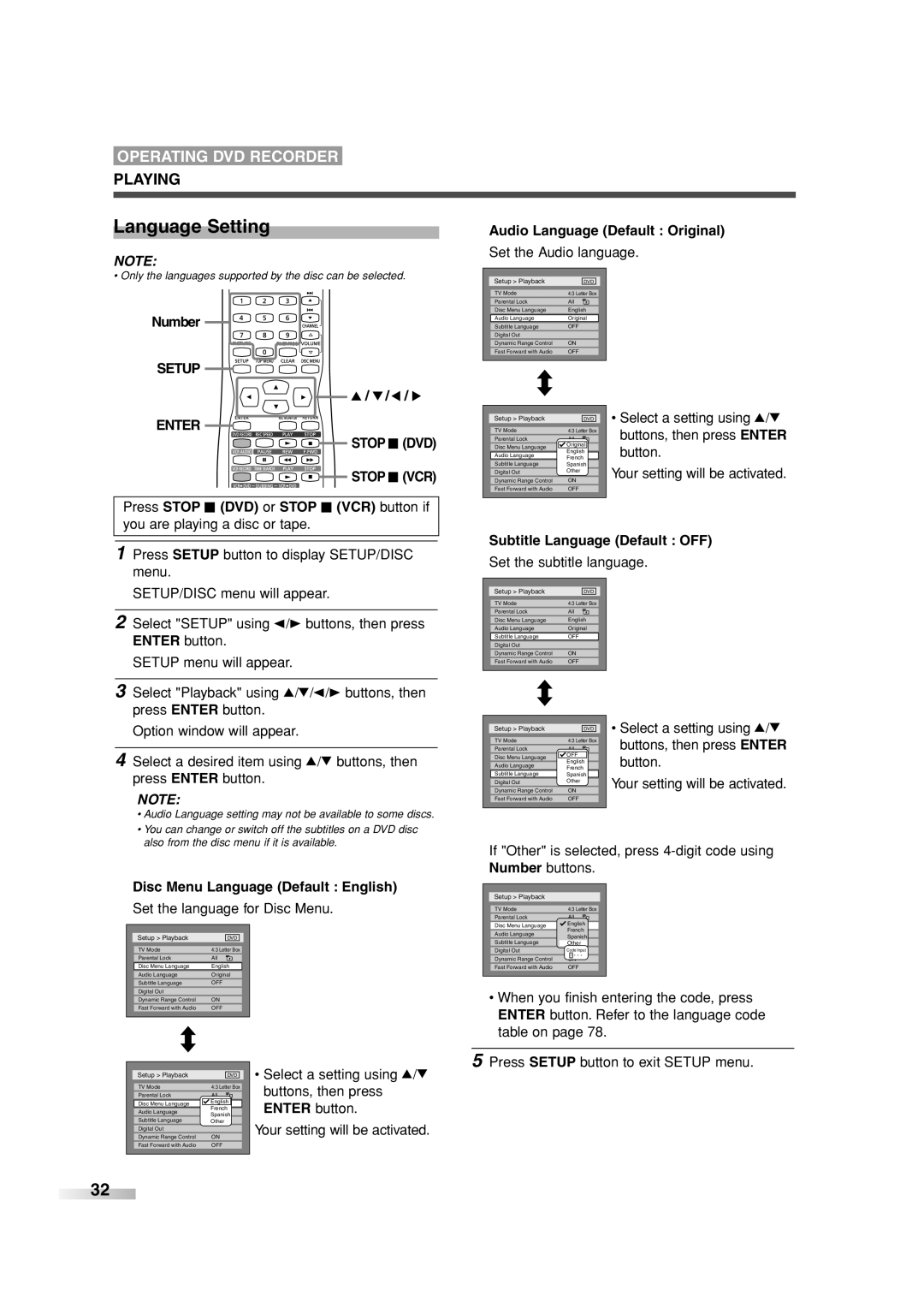 Sylvania 6727FRE owner manual Language Setting, Playing, Audio Language Default Original, Subtitle Language Default OFF 