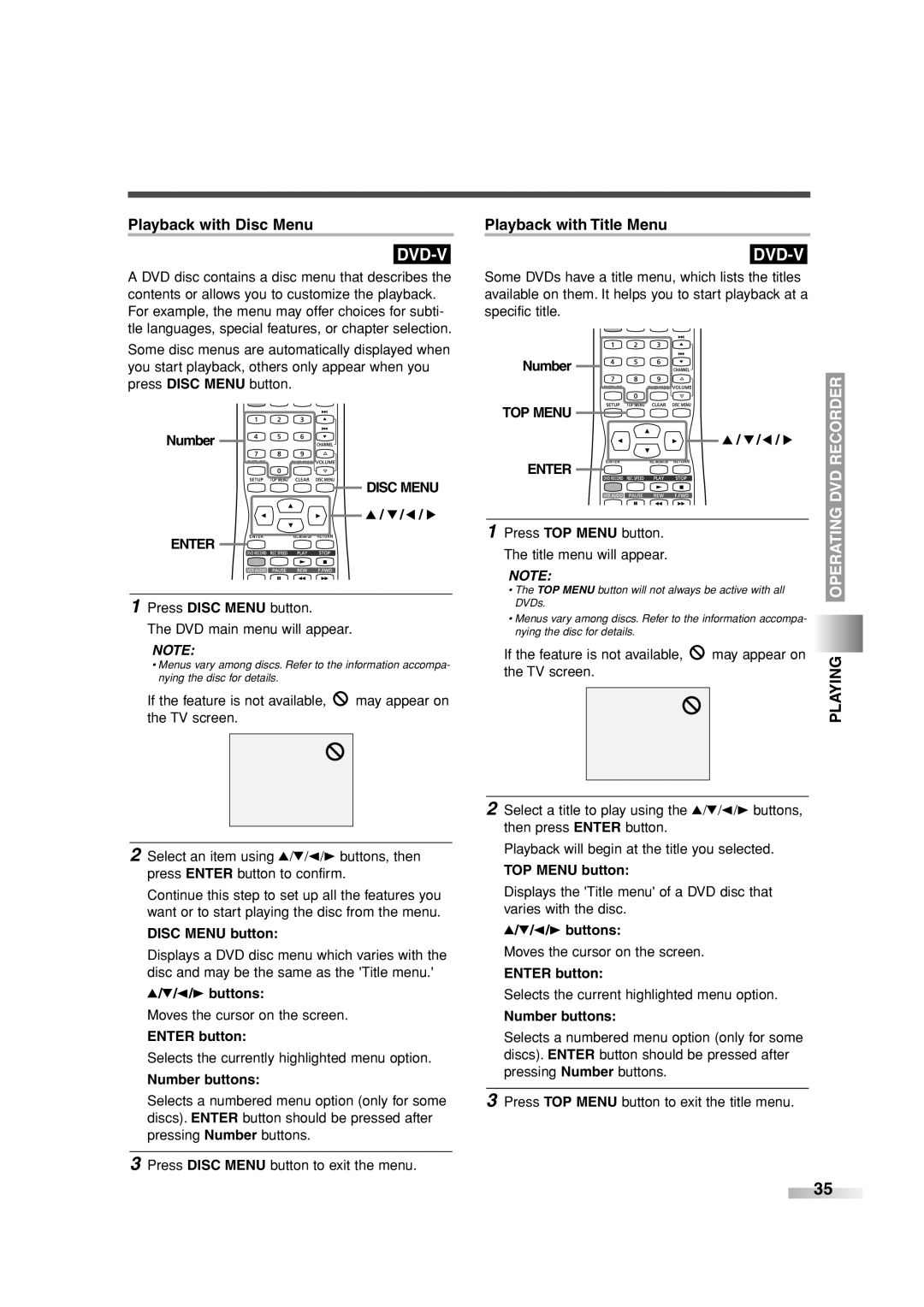 Sylvania 6727FRE owner manual Playback with Disc Menu, Playback with Title Menu, Disc Menu Enter, TOP Menu Enter 