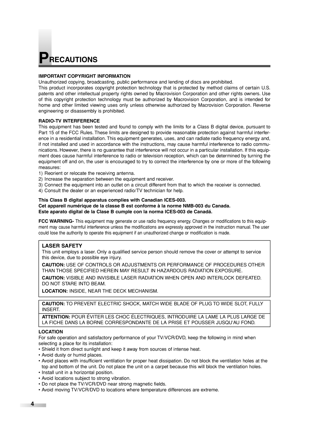 Sylvania 6727FRE owner manual Precautions, Laser Safety, Important Copyright Information, RADIO-TV Interference, Location 