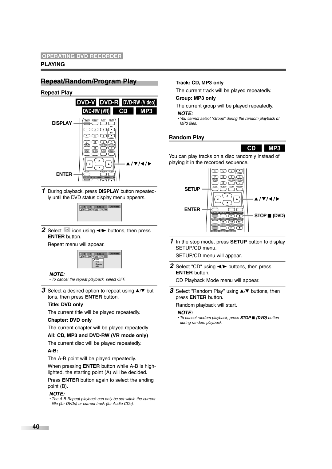 Sylvania 6727FRE owner manual Repeat/Random/Program Play, Repeat Play, Random Play 