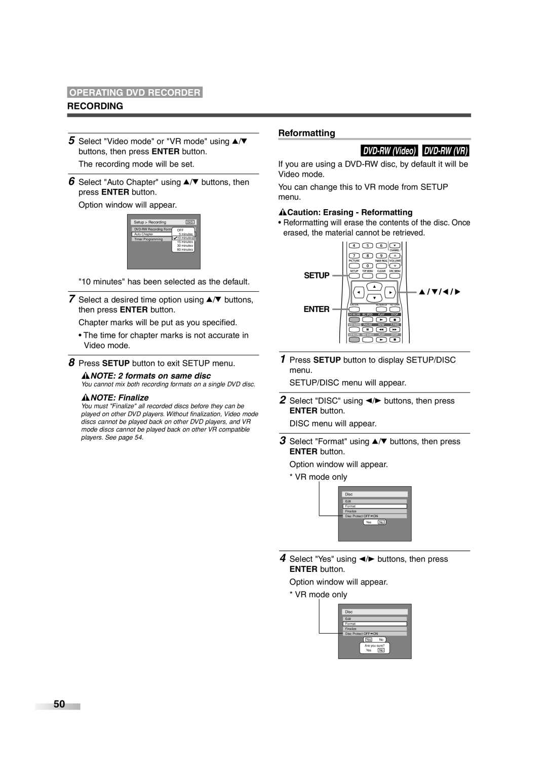 Sylvania 6727FRE owner manual Reformatting, Setup Recording 