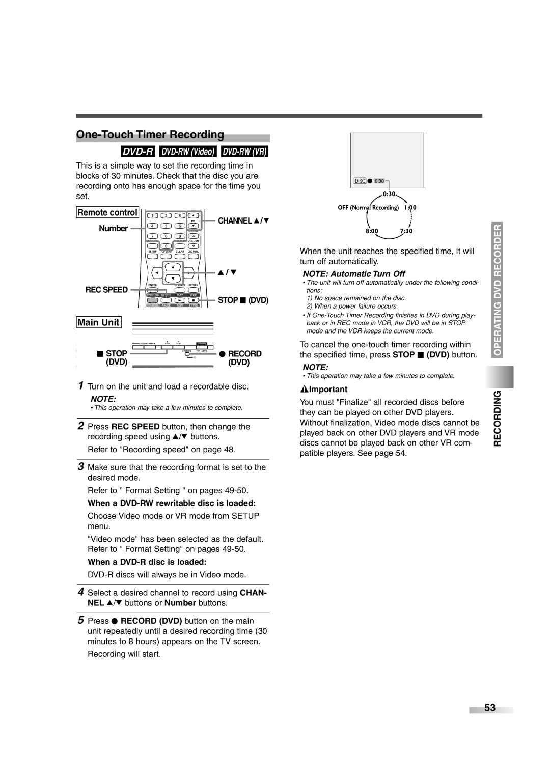 Sylvania 6727FRE owner manual One-Touch Timer Recording, Remote control, Main Unit, Recording Operating 