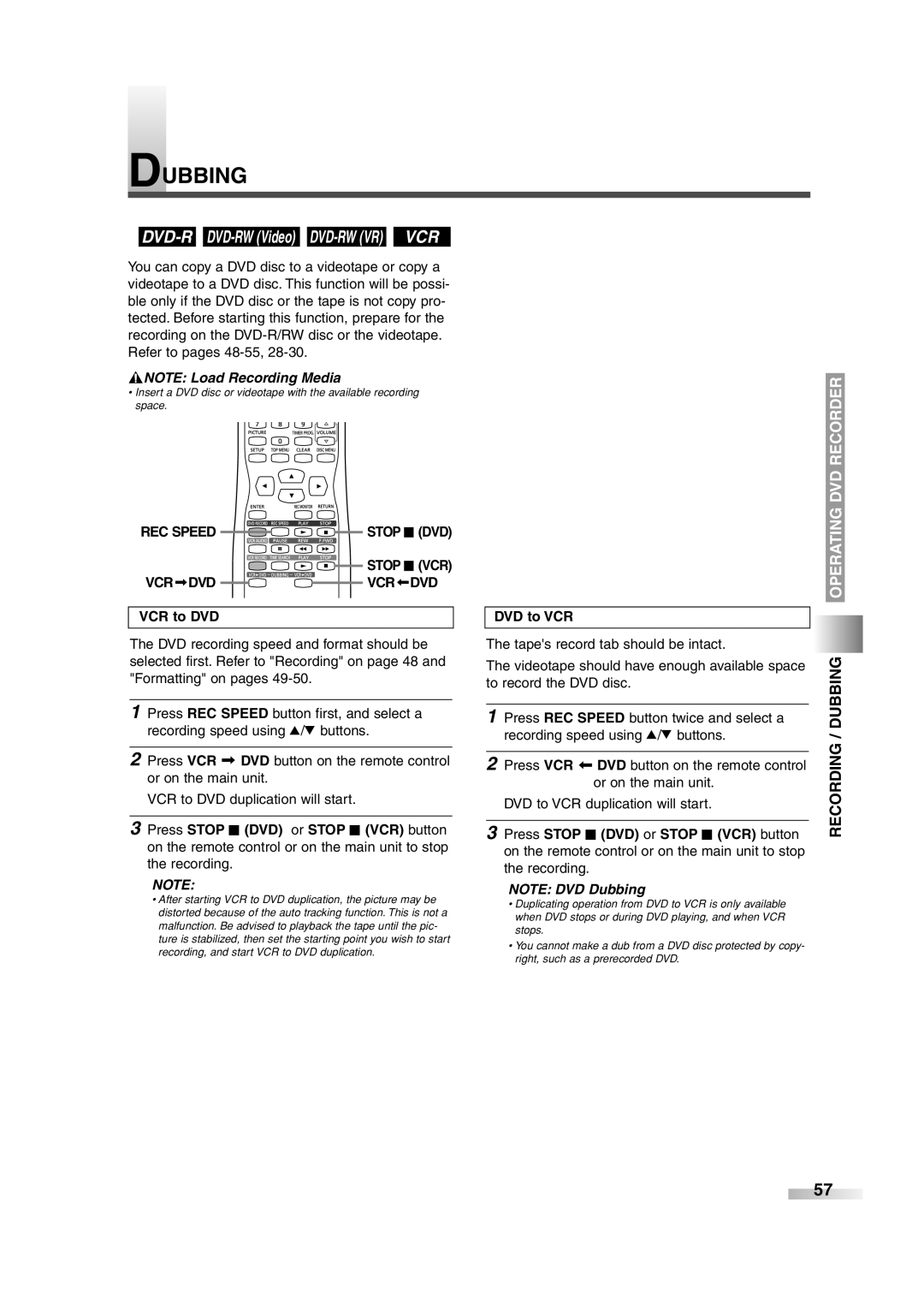 Sylvania 6727FRE owner manual Dubbing, REC Speed Stop C DVD, Vcr Dvd, VCR to DVD, DVD to VCR 