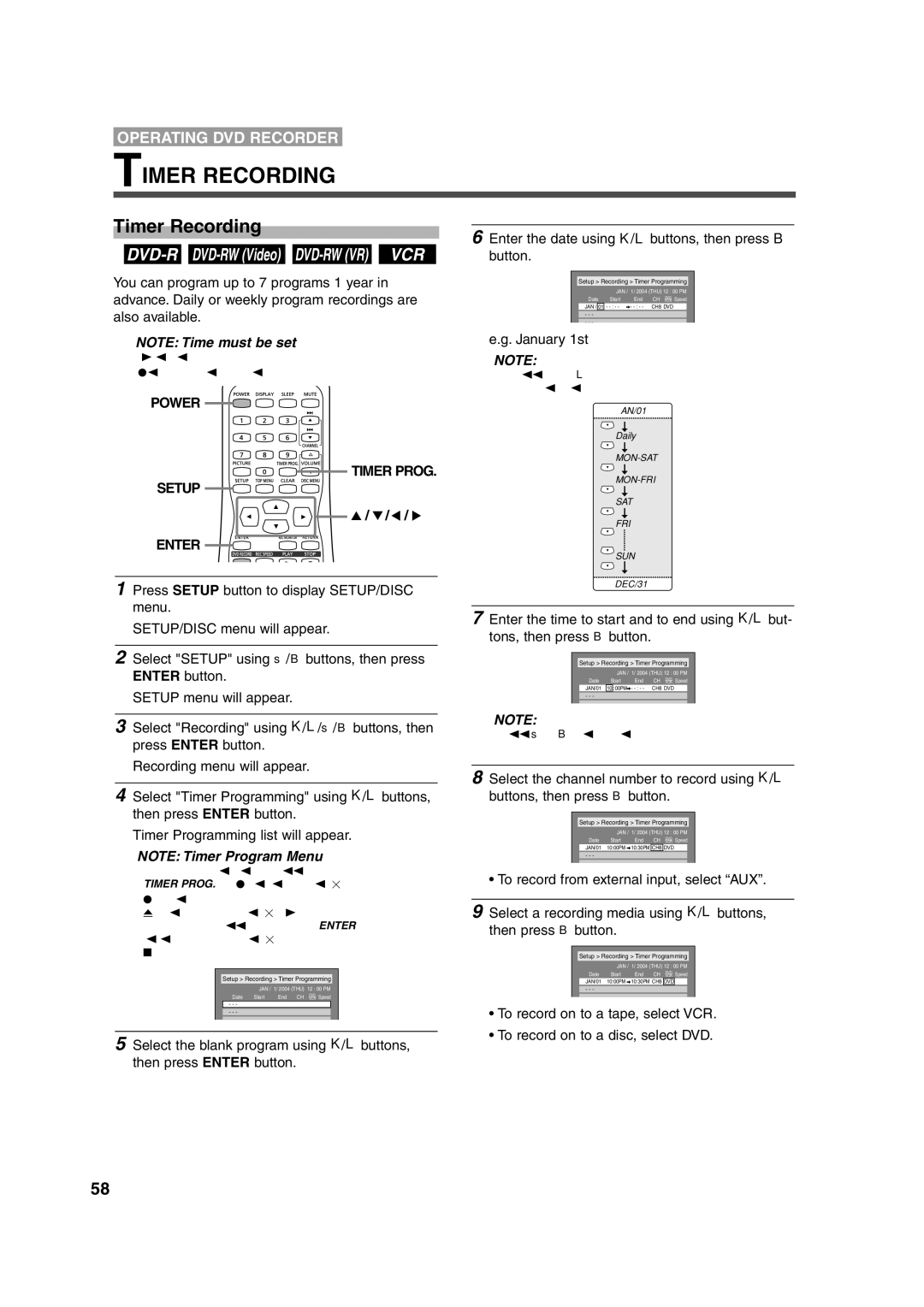 Sylvania 6727FRE owner manual Timer Recording, Enter the date using K/L buttons, then press B button, January 1st 