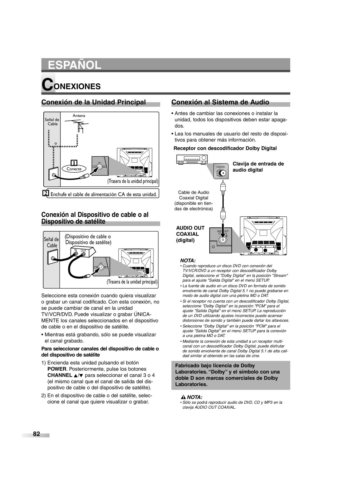 Sylvania 6727FRE owner manual Conexiones, Conexión de la Unidad Principal, Conexión al Sistema de Audio, Audio OUT 