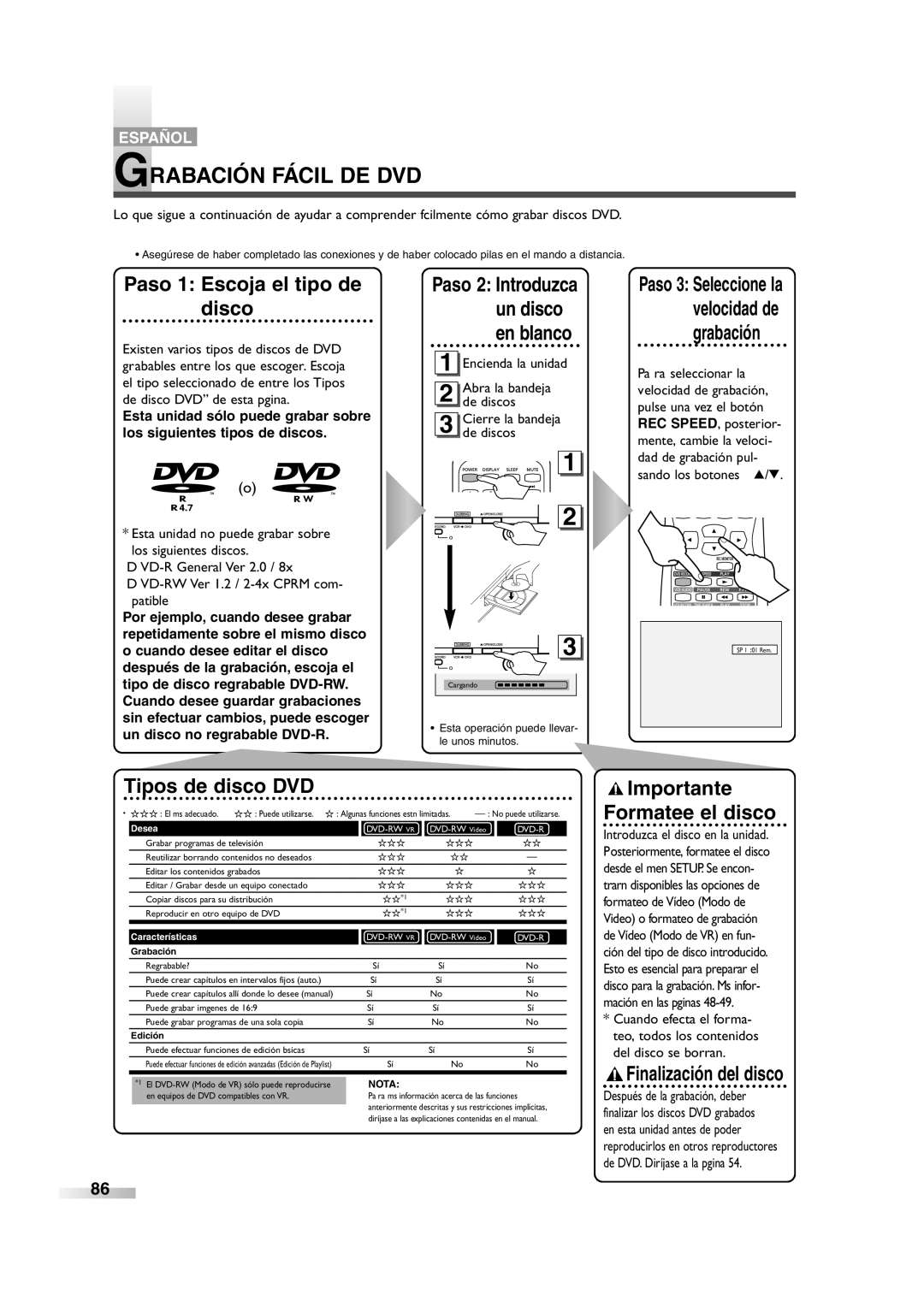 Sylvania 6727FRE owner manual Grabación Fácil DE DVD, Paso 3 Seleccione la velocidad de grabación 