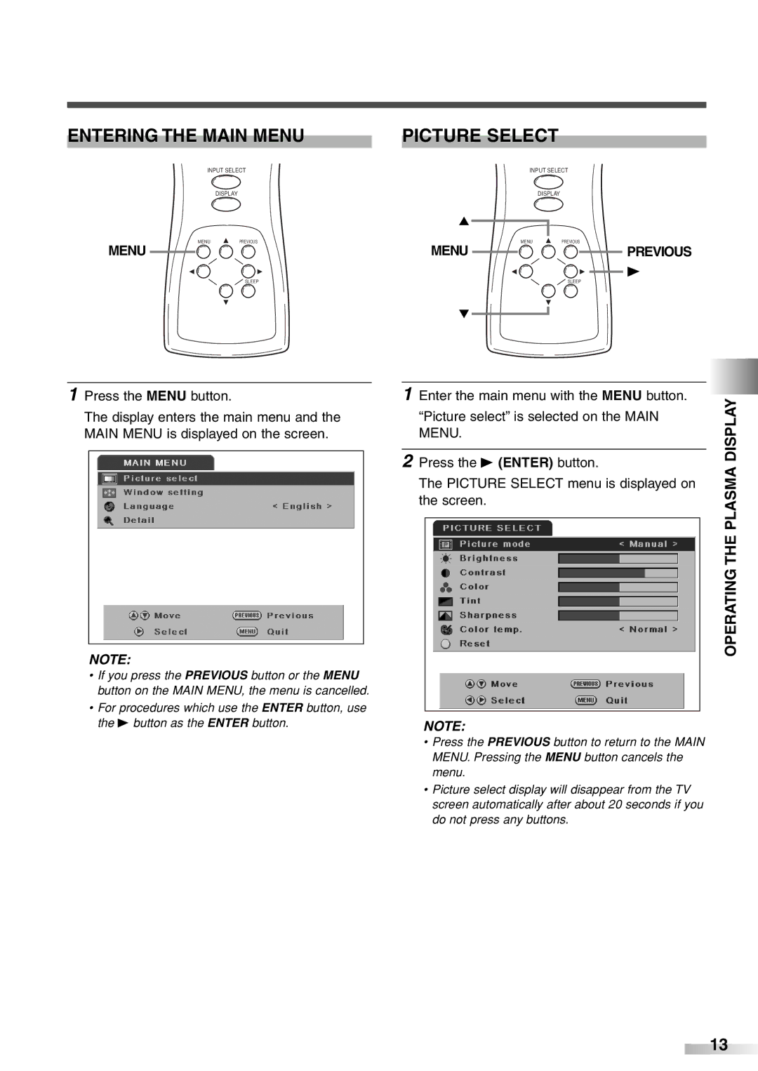 Sylvania 6842PF M owner manual Entering the Main Menu, Picture Select, Display, Menu Previous 