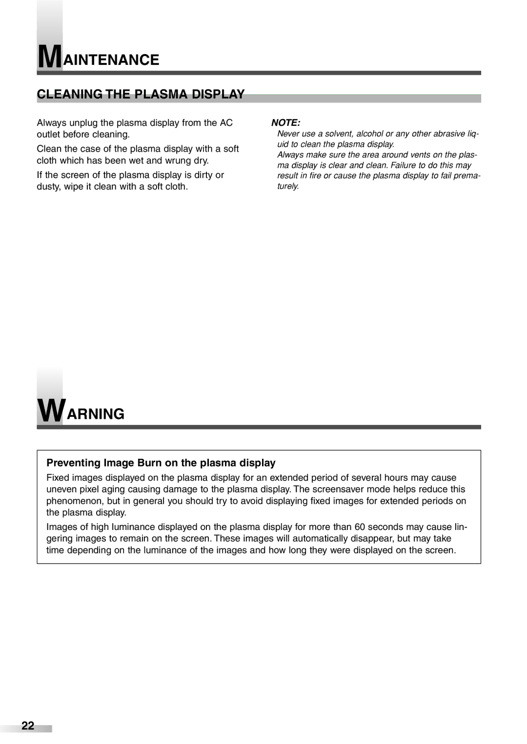 Sylvania 6842PF M owner manual Maintenance, Cleaning the Plasma Display, Preventing Image Burn on the plasma display 