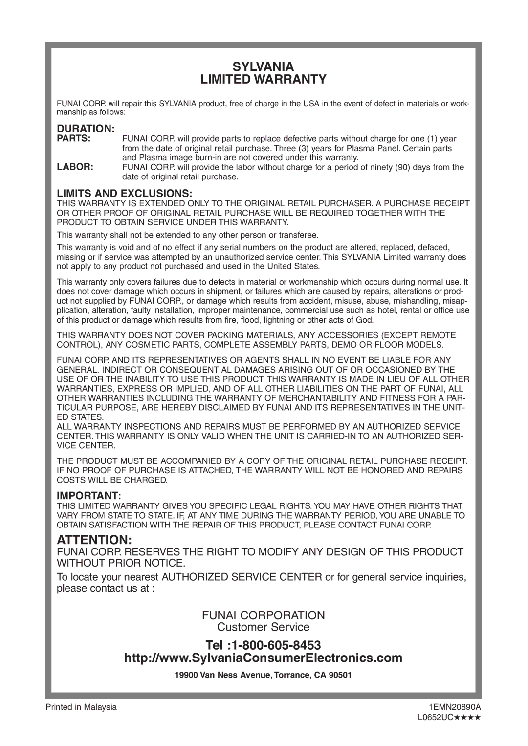 Sylvania 6842PF M owner manual Sylvania Limited Warranty, Duration, Limits and Exclusions 