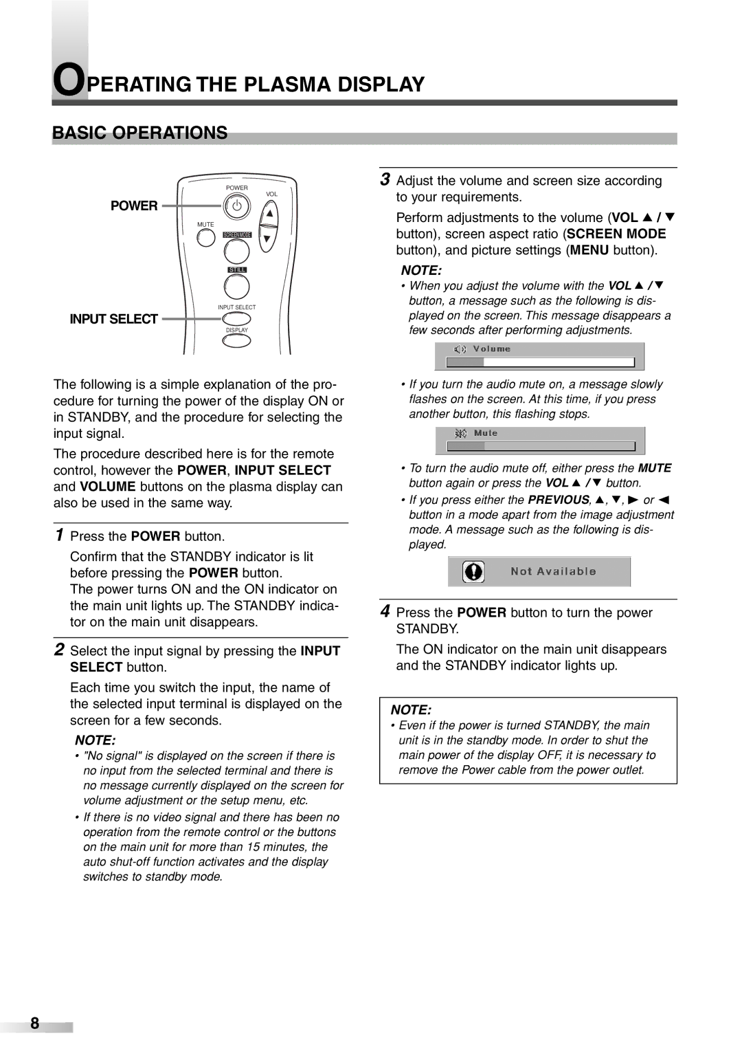 Sylvania 6842PF M owner manual Operating the Plasma Display, Basic Operations, Power, Input Select 