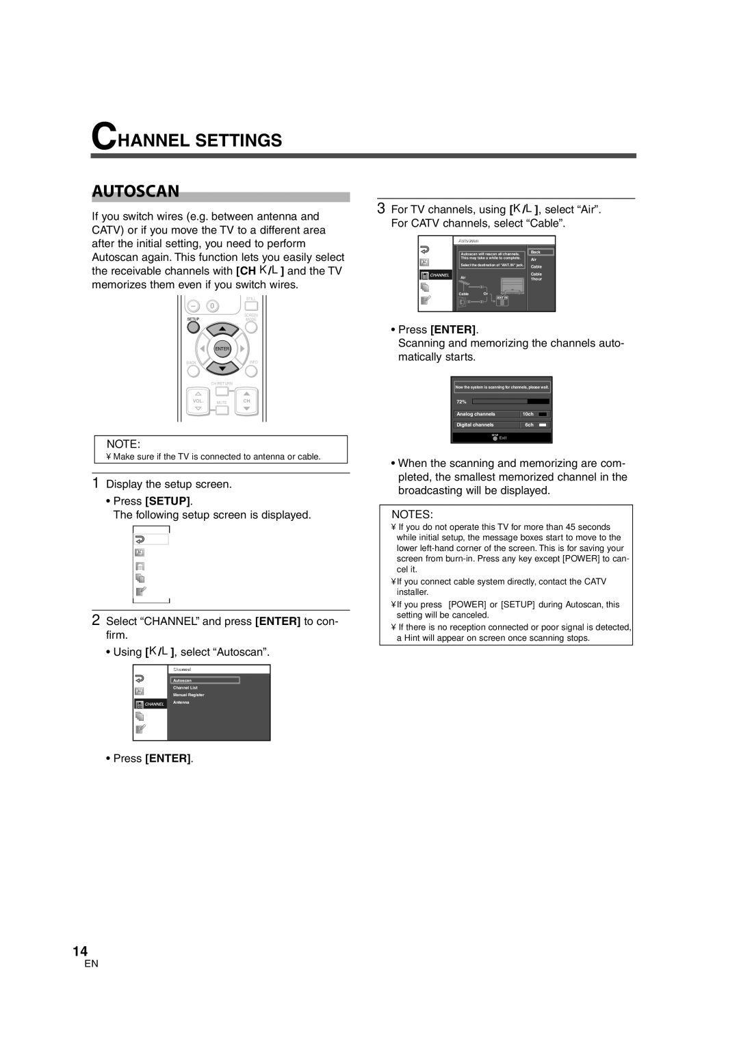 Sylvania 6842THG Channel Settings Autoscan, Press Enter, Channell, 72% Analog channels 10ch Digital channels 6ch 