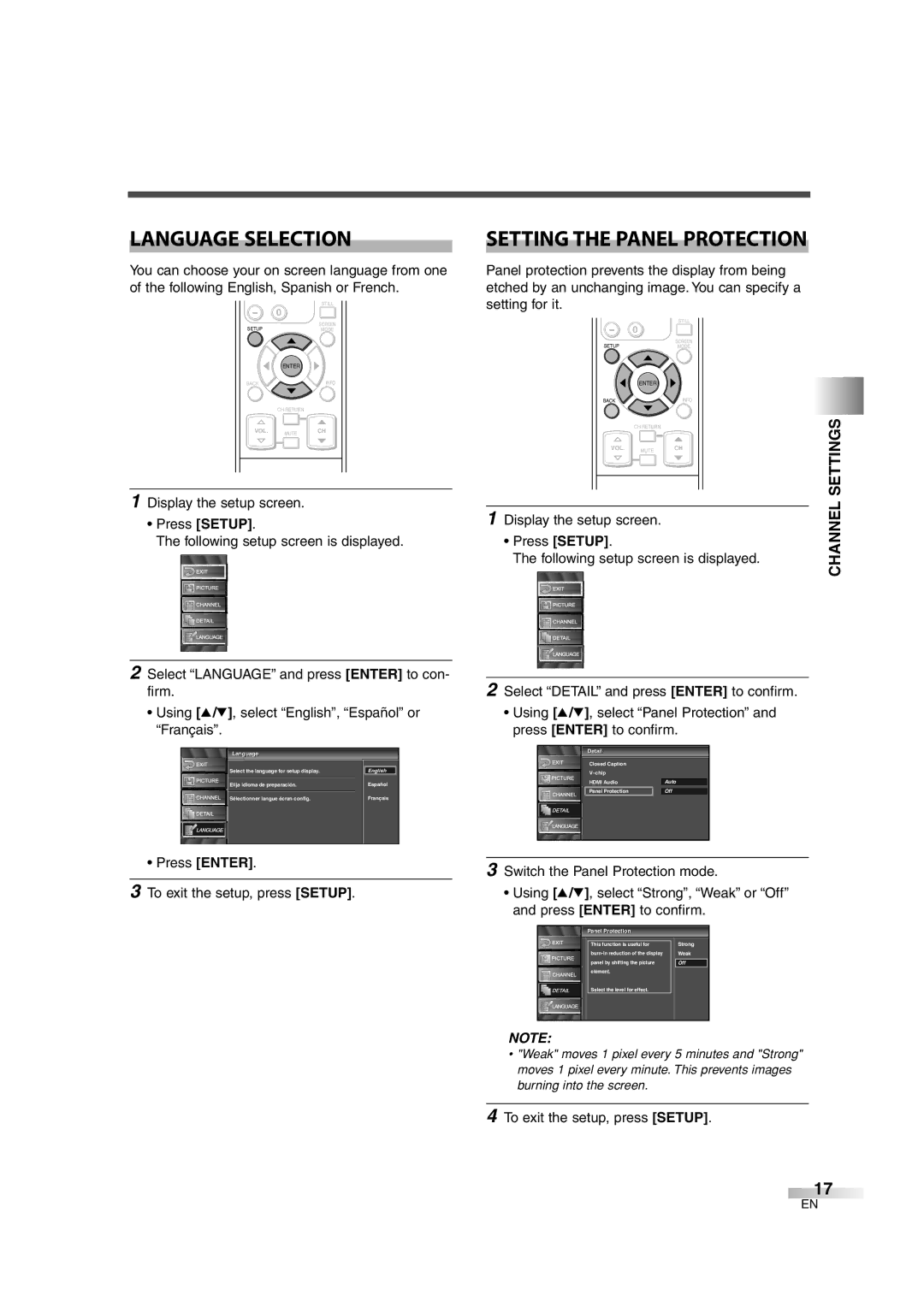 Sylvania 6842THG owner manual Language Selection, Channel Settings, Detailil, Panell Protectioni 