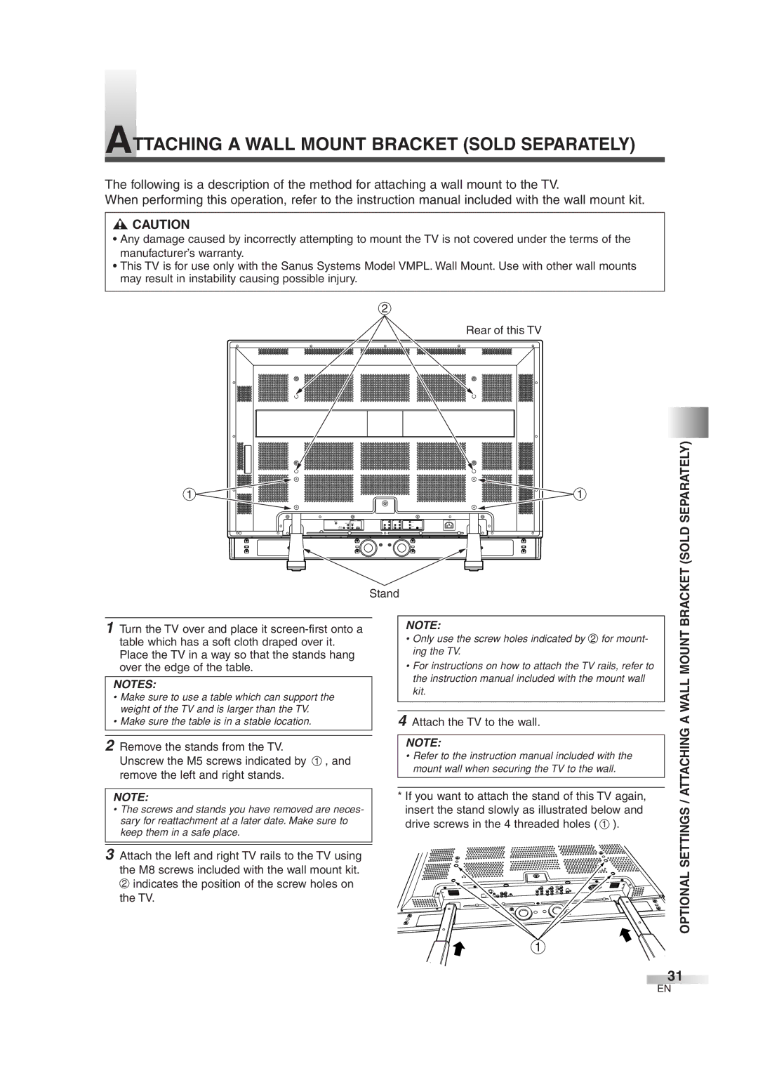 Sylvania 6842THG owner manual Attaching a Wall Mount Bracket Sold Separately, Optional Settings / Attaching a Wall Mount 