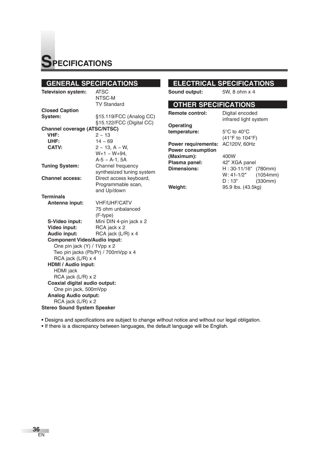 Sylvania 6842THG owner manual Specifications, Vhf Uhf, Catv 