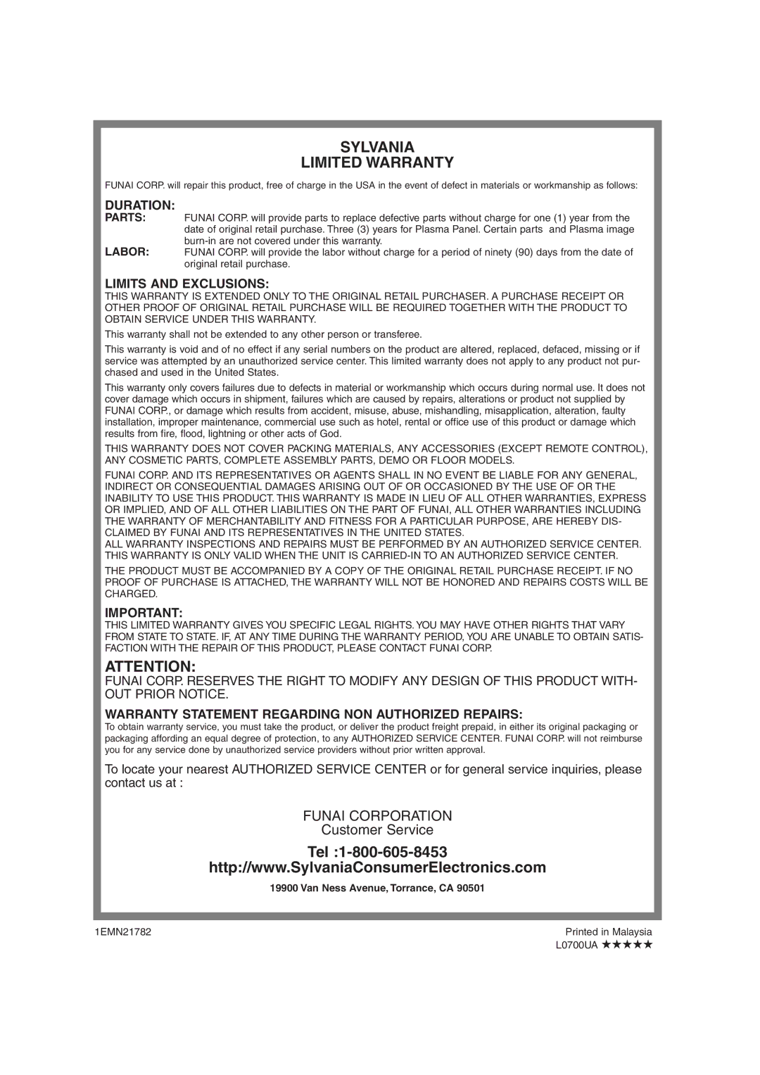 Sylvania 6842THG owner manual Duration, Limits and Exclusions, Warranty Statement Regarding NON Authorized Repairs 