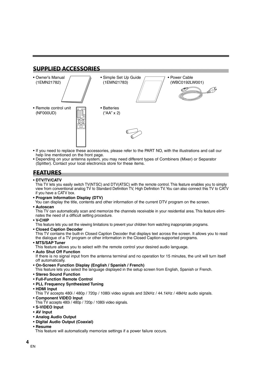 Sylvania 6842THG owner manual Supplied Accessories, Features, Dtv/Tv/Catv, Chip 