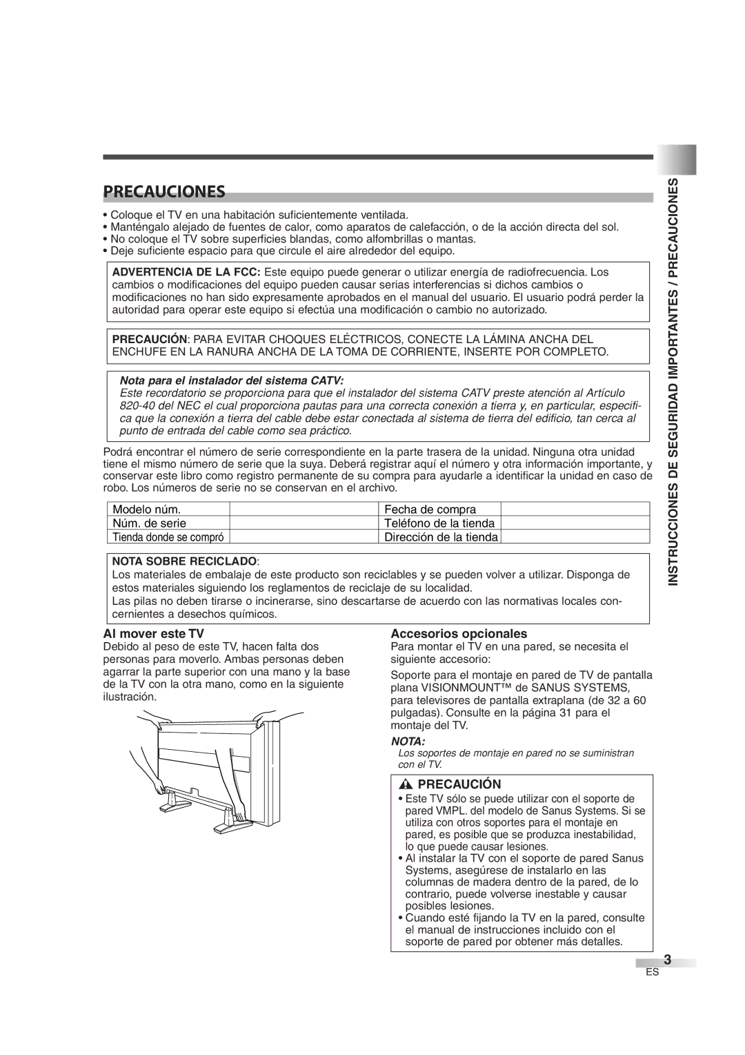 Sylvania 6842THG owner manual Instrucciones DE Seguridad Importantes / Precauciones, # Precaución, Nota Sobre Reciclado 