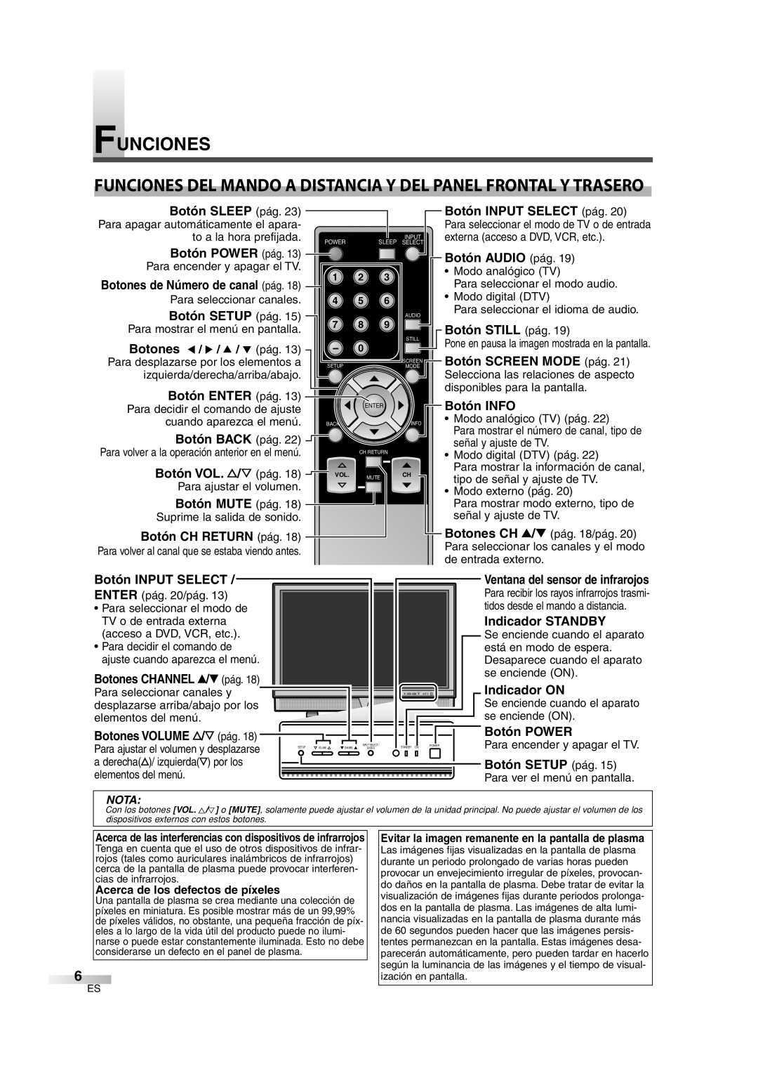 Sylvania 6842THG owner manual Funciones, Botones de Número de canal pág, Acerca de los defectos de píxeles 