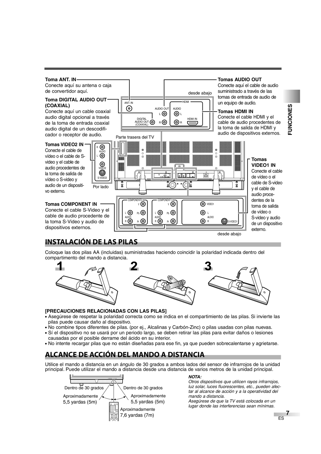 Sylvania 6842THG owner manual Instalación DE LAS Pilas, Alcance DE Acción DEL Mando a Distancia, Funciones, Coaxial 