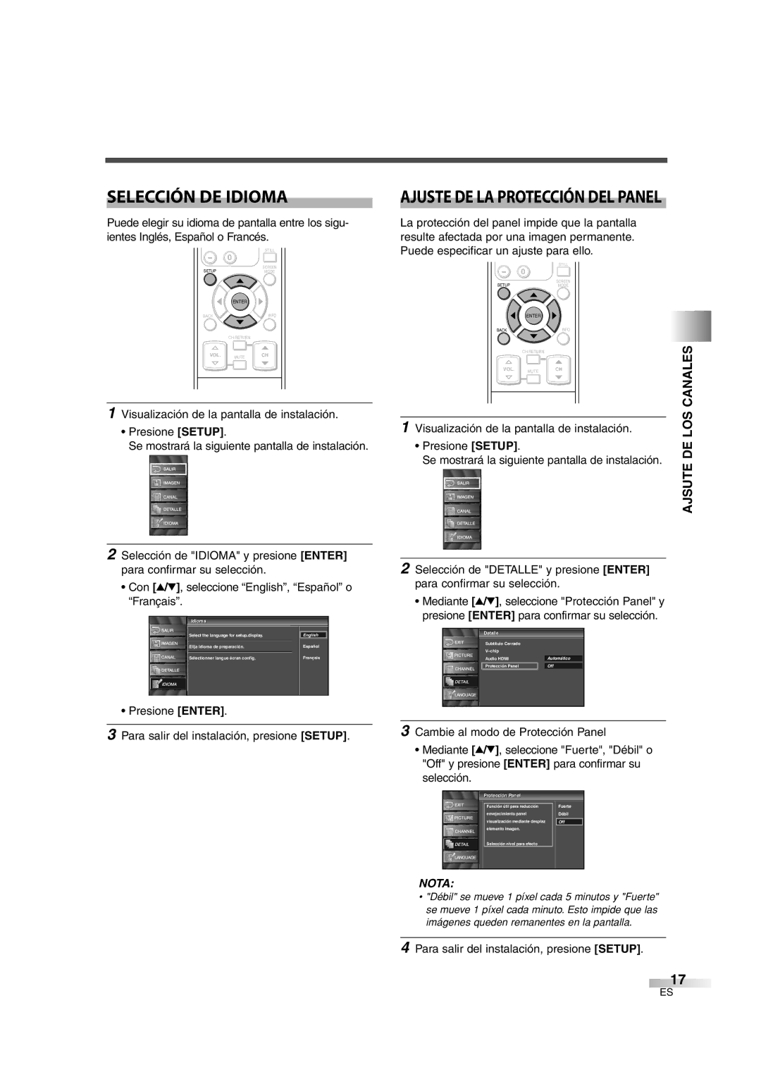 Sylvania 6842THG owner manual Selección DE Idioma, Ajsute, Presione Enter Para salir del instalación, presione Setup 