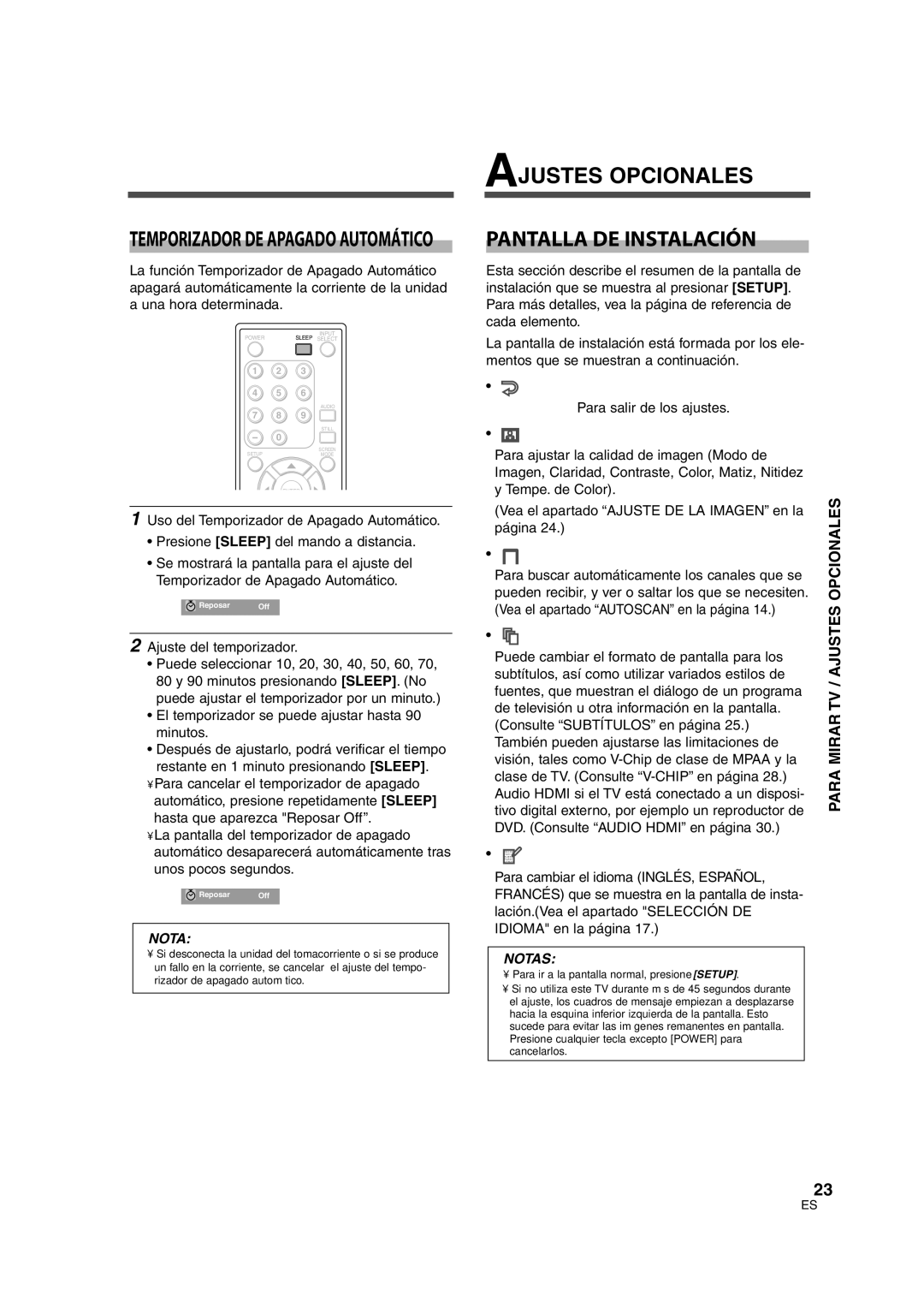 Sylvania 6842THG Ajustes Opcionales Pantalla DE Instalación, Para Mirar TV / Ajustes Opcionales, Ajuste del temporizador 